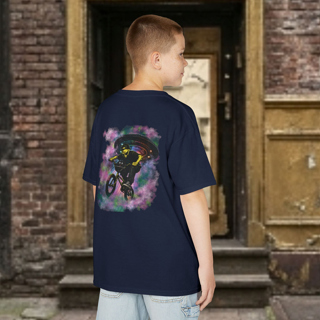 Kids Tee — Cat & Alien Friends Bike Ride with UFO Lights