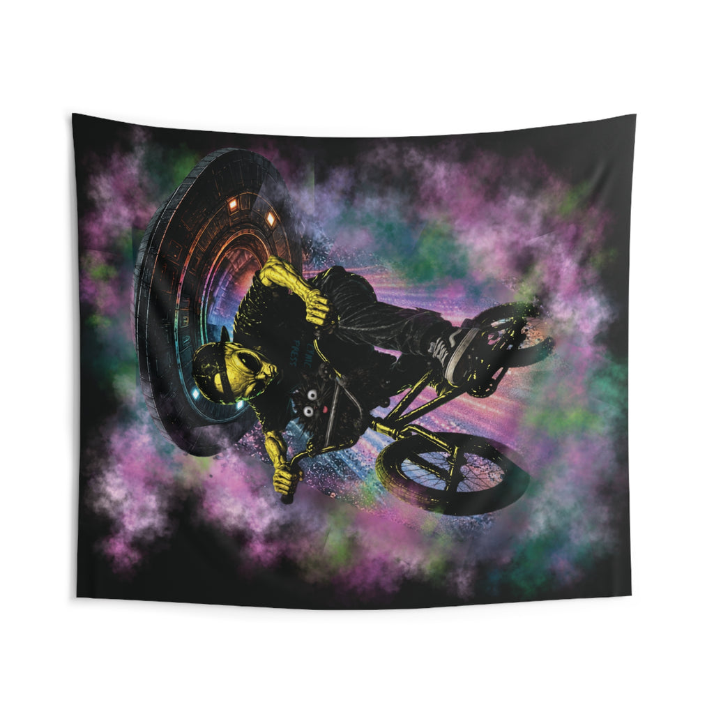 Space Cat & Alien Tapestry | UFO Adventure Wall Hanging | Cat & Friend Collection Decor BMX Alien Invasion Tapestry — Neon Skull Rider Wall Art