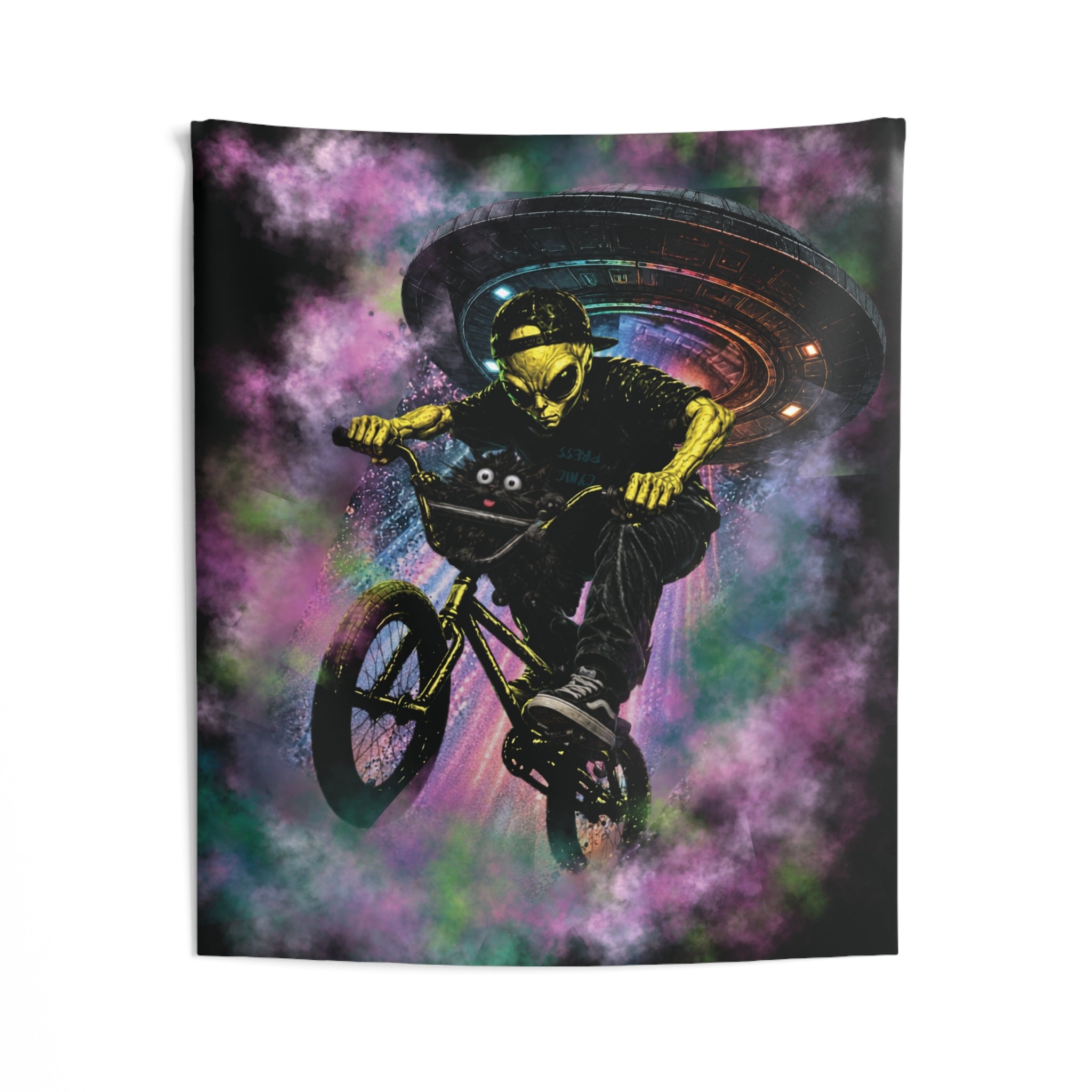 Space Cat & Alien Tapestry | UFO Adventure Wall Hanging | Cat & Friend Collection Decor BMX Alien Invasion Tapestry — Neon Skull Rider Wall Art