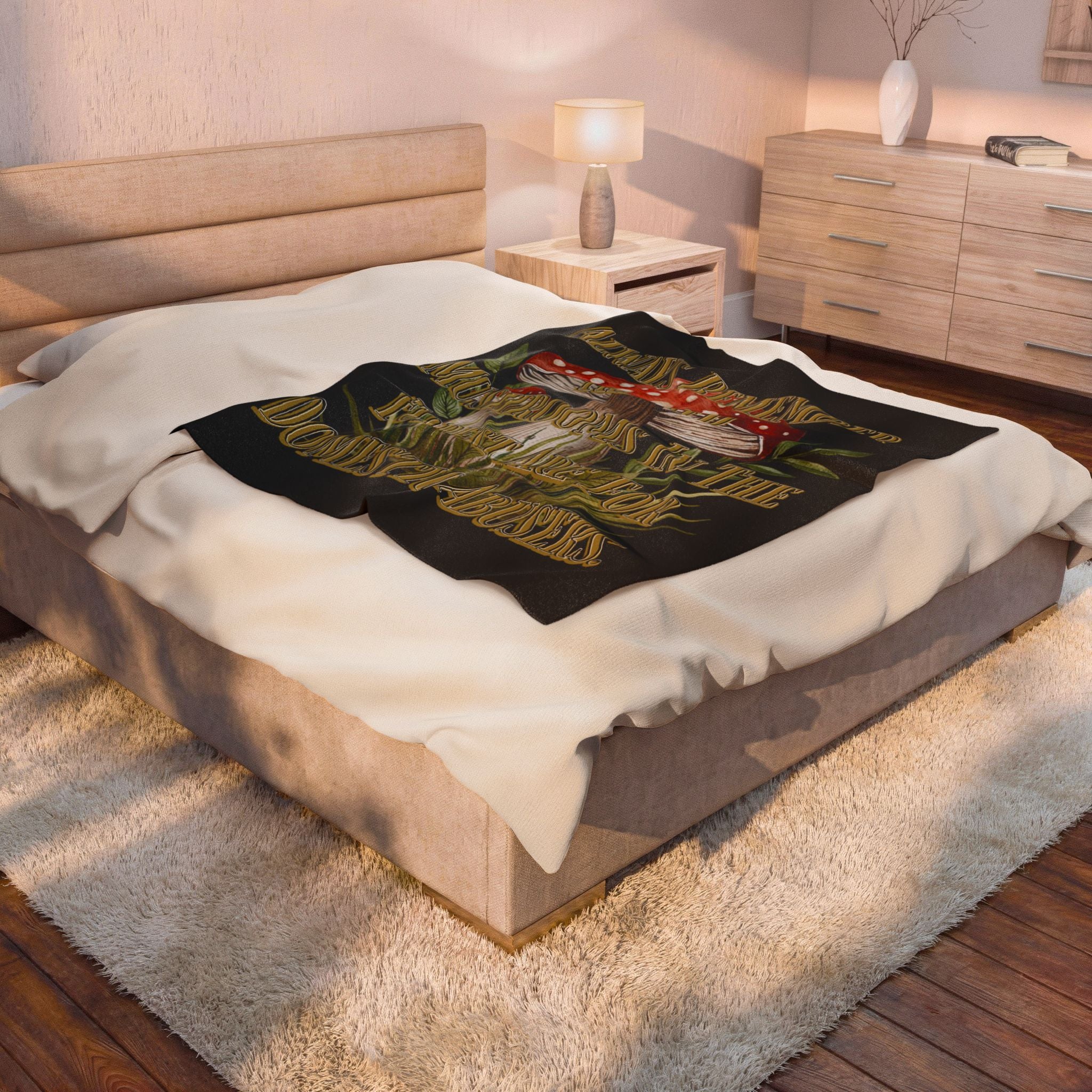 Velveteen Plush Mushroom Blanket – Gothic Cottagecore Throw | Fly Agaric Woodland Decor | Dark Cottage Blanket