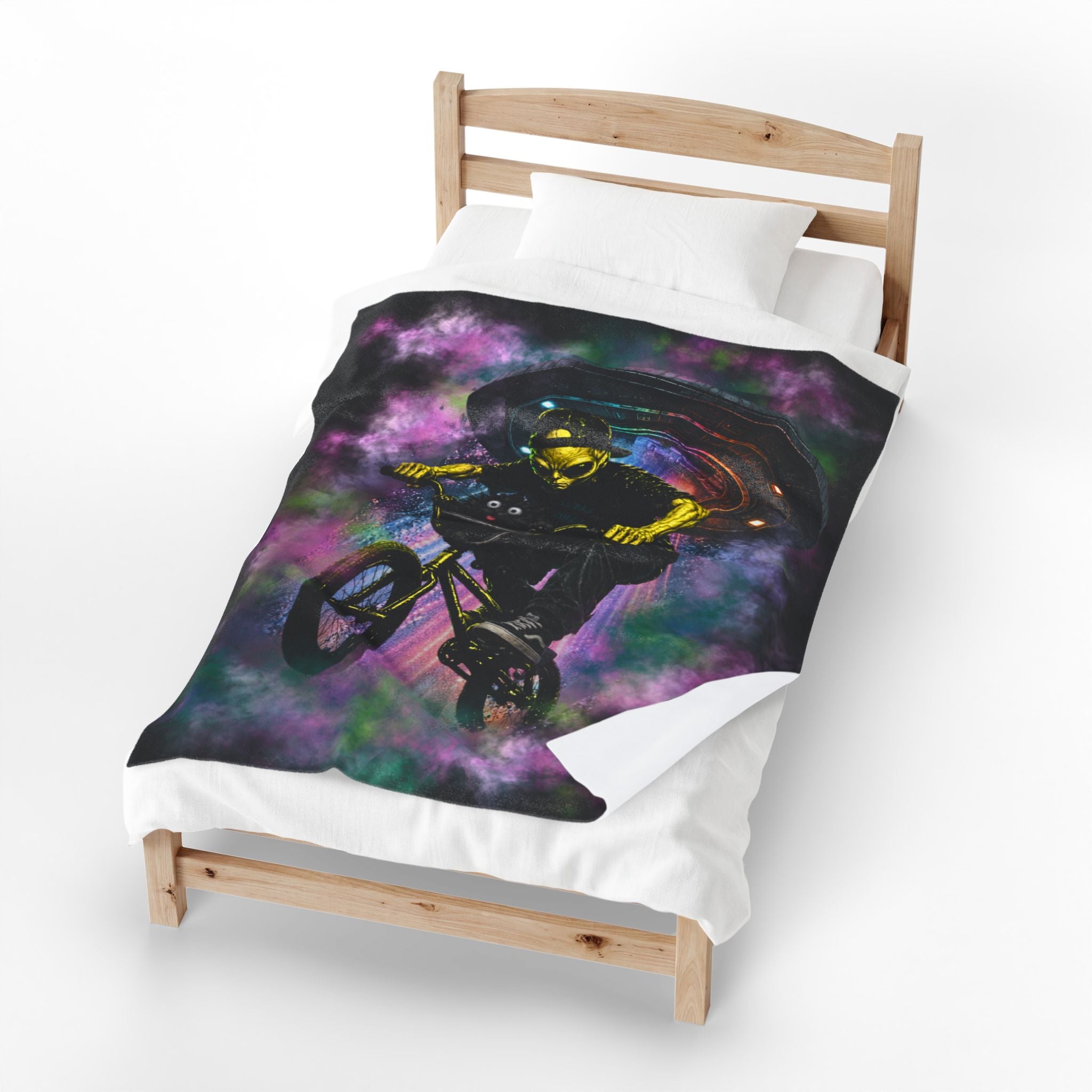 BMX Galaxy Velveteen Plush Blanket – Cosmic Extreme Sports Throw Blanket for Kids, Teens & BMX Riders