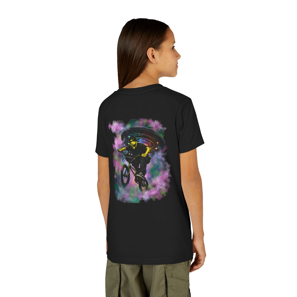 Cosmic Cruise: Jinx & Nova BMX Adventure Tee | Premium Youth Alien & Cat Graphic Shirt | Cool Kids Streetwear T-Shirt | Dual-Graphic Black T-Shirt | Youth BMX Rider Tee — Colorful Cosmic Bike Stunt T-...