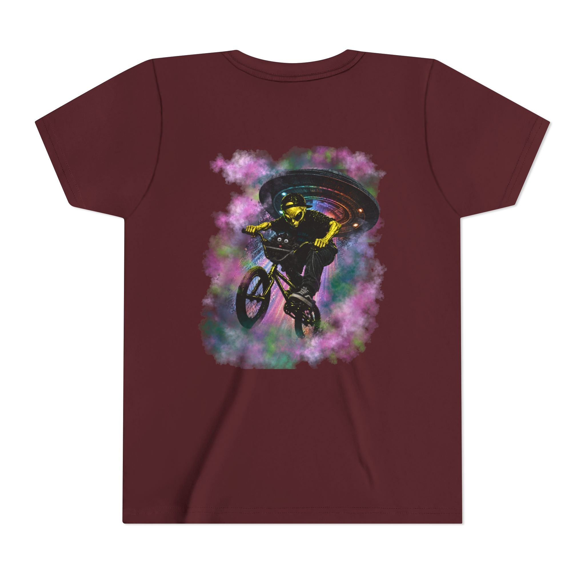 Cosmic Cruise: Jinx & Nova BMX Adventure Tee | Premium Youth Alien & Cat Graphic Shirt | Cool Kids Streetwear T-Shirt | Dual-Graphic Black T-Shirt | Youth BMX Rider Tee — Colorful Cosmic Bike Stunt T-...