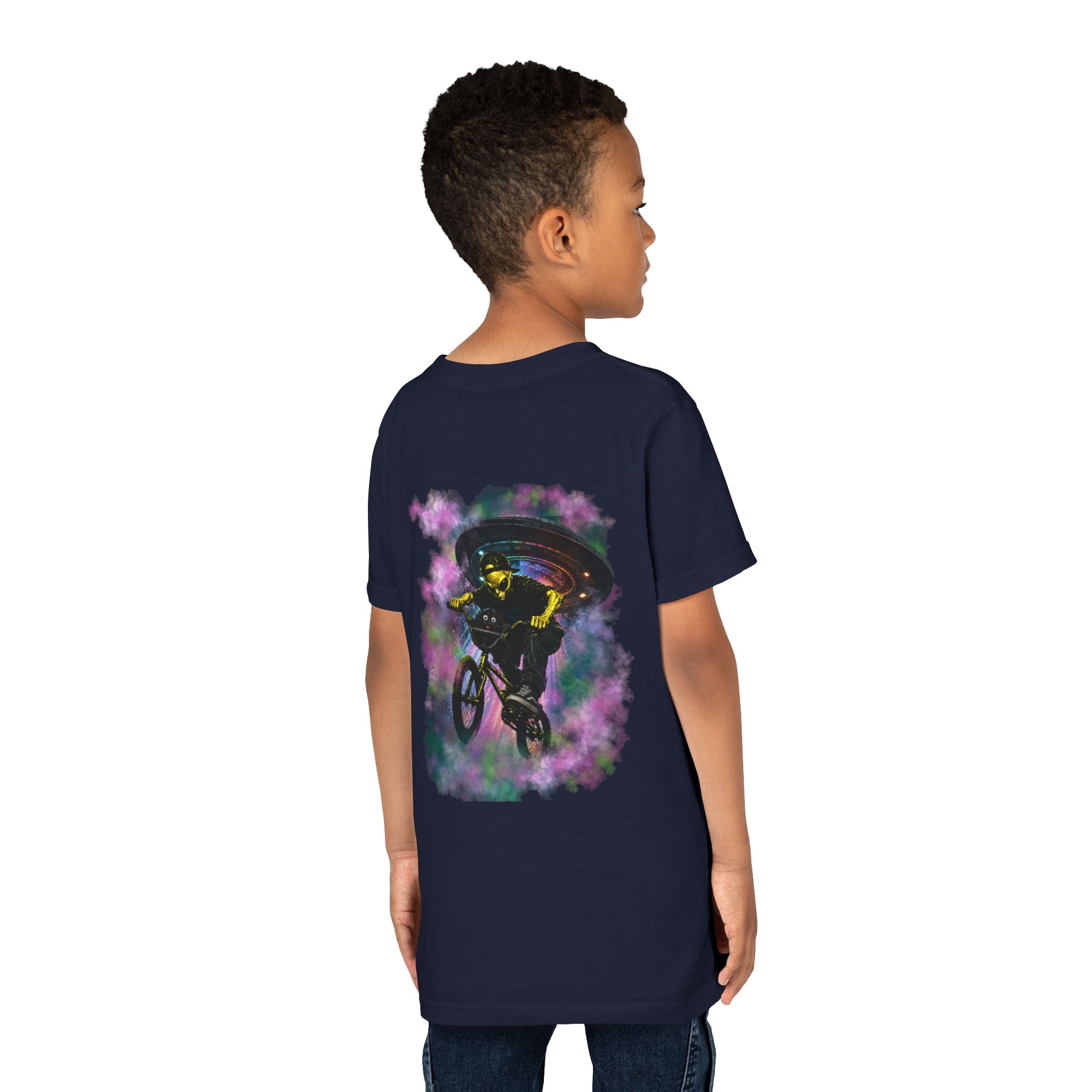 Cosmic Cruise: Jinx & Nova BMX Adventure Tee | Premium Youth Alien & Cat Graphic Shirt | Cool Kids Streetwear T-Shirt | Dual-Graphic Black T-Shirt | Youth BMX Rider Tee — Colorful Cosmic Bike Stunt T-...
