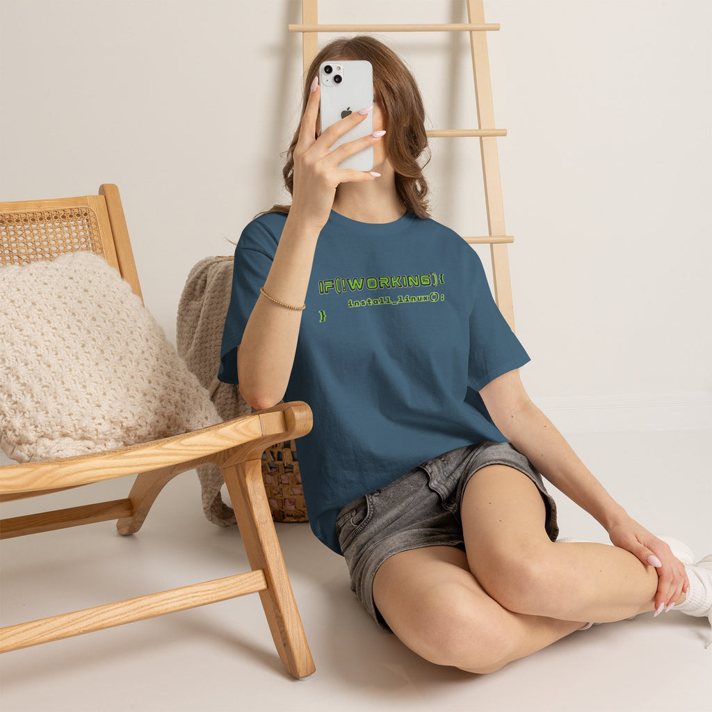 If (!Working) { Install Linux(); } Funny Programmer T-Shirt | Linux Developer Geek Tee | Coding Humor Shirt | Unisex Heavy Cotton Tee