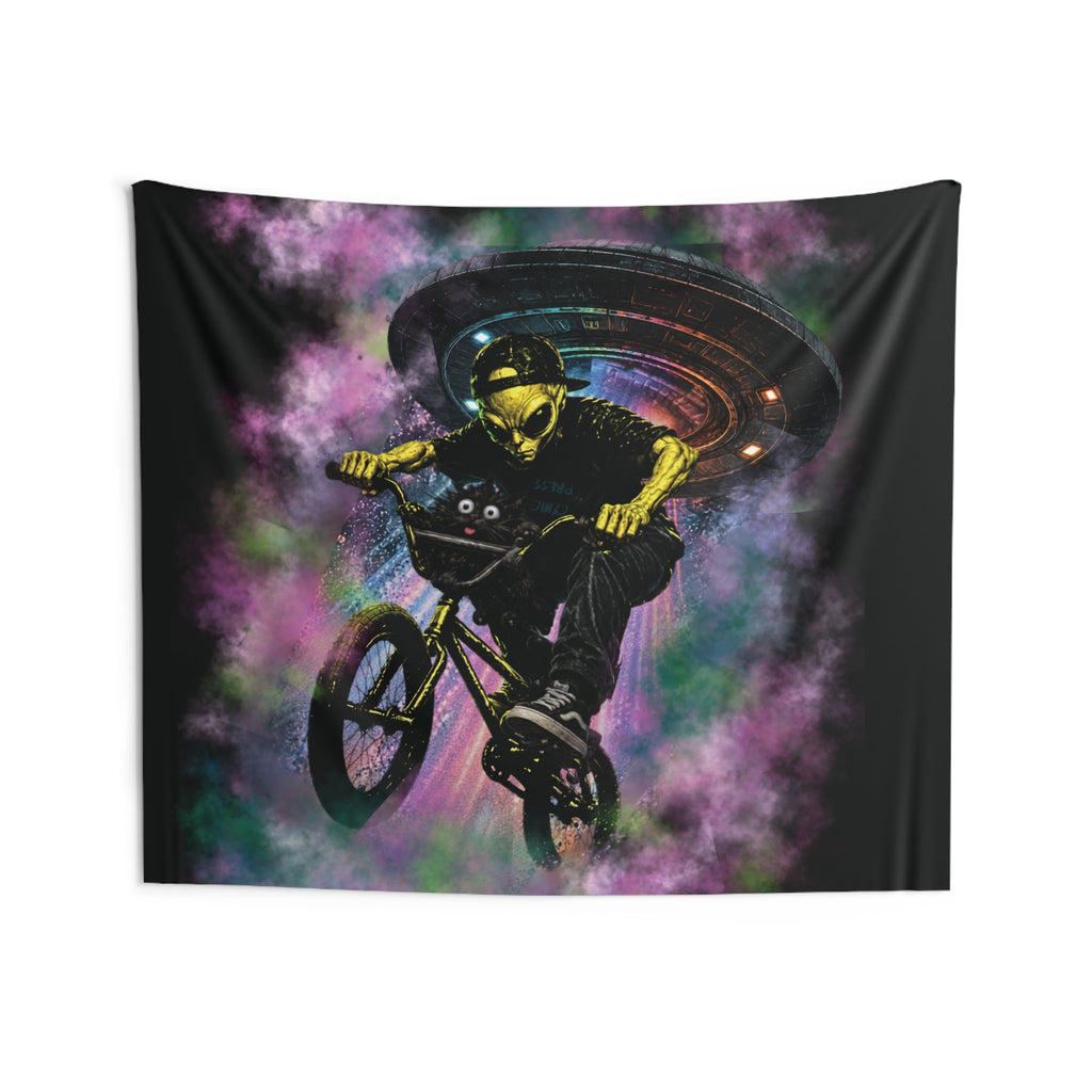 Space Cat & Alien Tapestry | UFO Adventure Wall Hanging | Cat & Friend Collection Decor BMX Alien Invasion Tapestry — Neon Skull Rider Wall Art