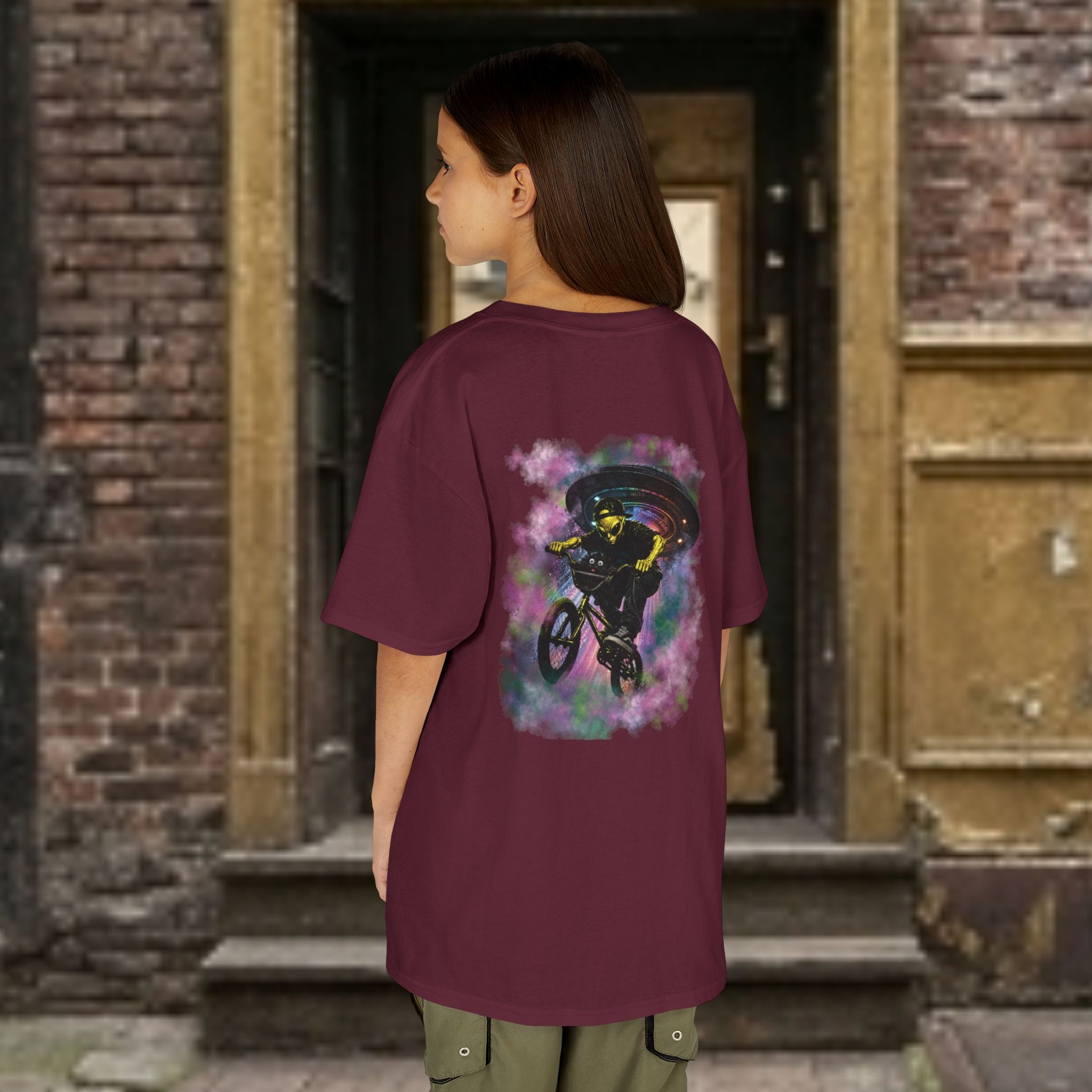 Kids Tee — Cat & Alien Friends Bike Ride with UFO Lights