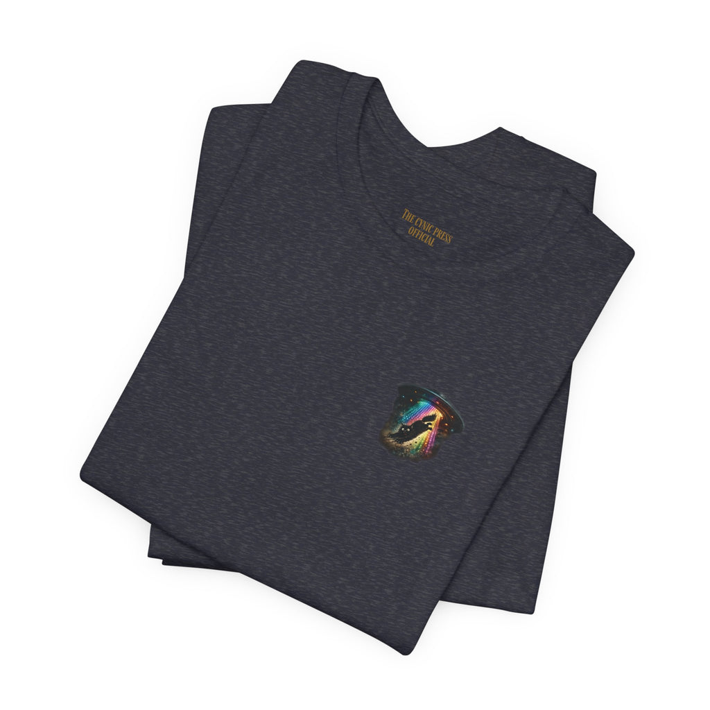Alien BMX Cat Graphic Tee | Retro UFO Streetwear Shirt | Vintage Black Heather Graphic T-Shirt | Cosmic Skate Punk Unisex Tee | The Cynic Press Official