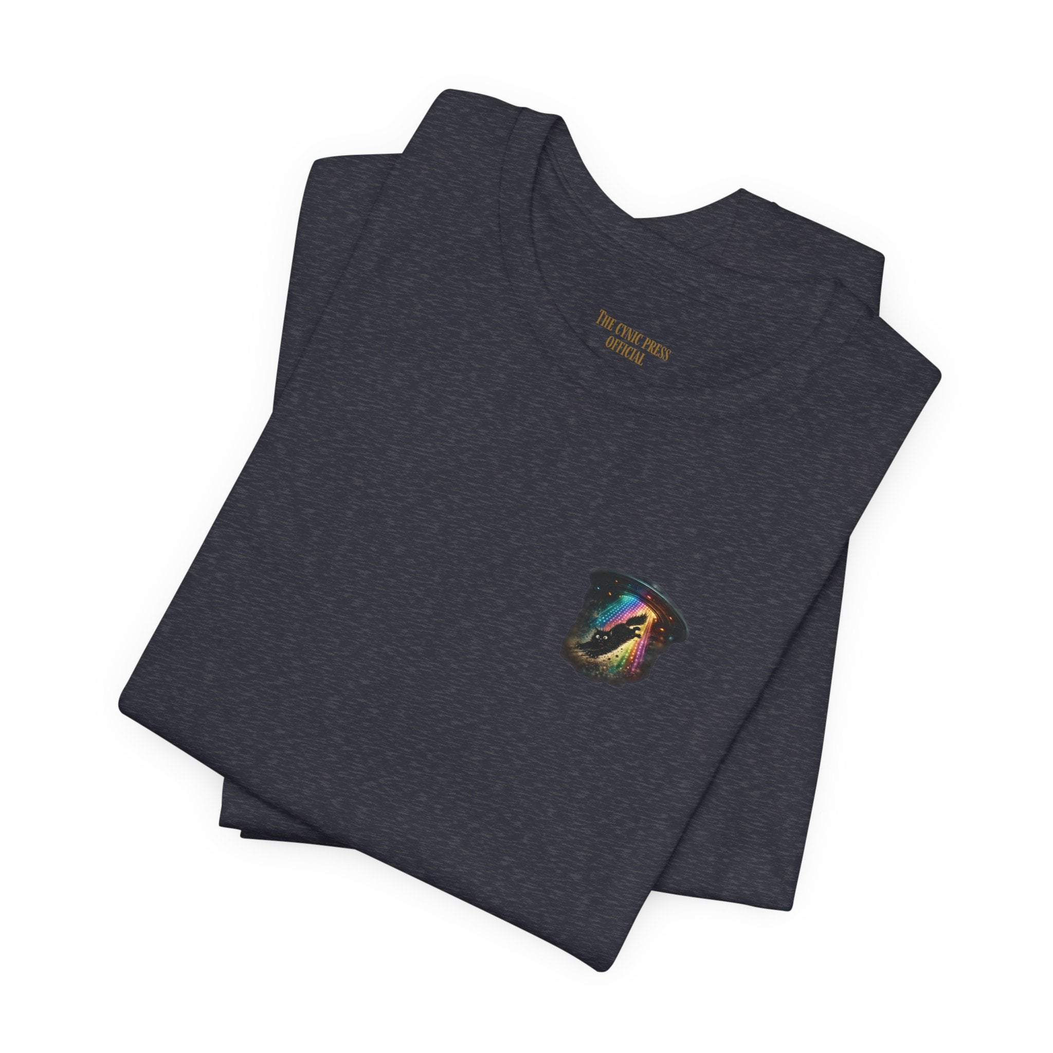 Alien BMX Cat Graphic Tee | Retro UFO Streetwear Shirt | Vintage Black Heather Graphic T-Shirt | Cosmic Skate Punk Unisex Tee | The Cynic Press Official