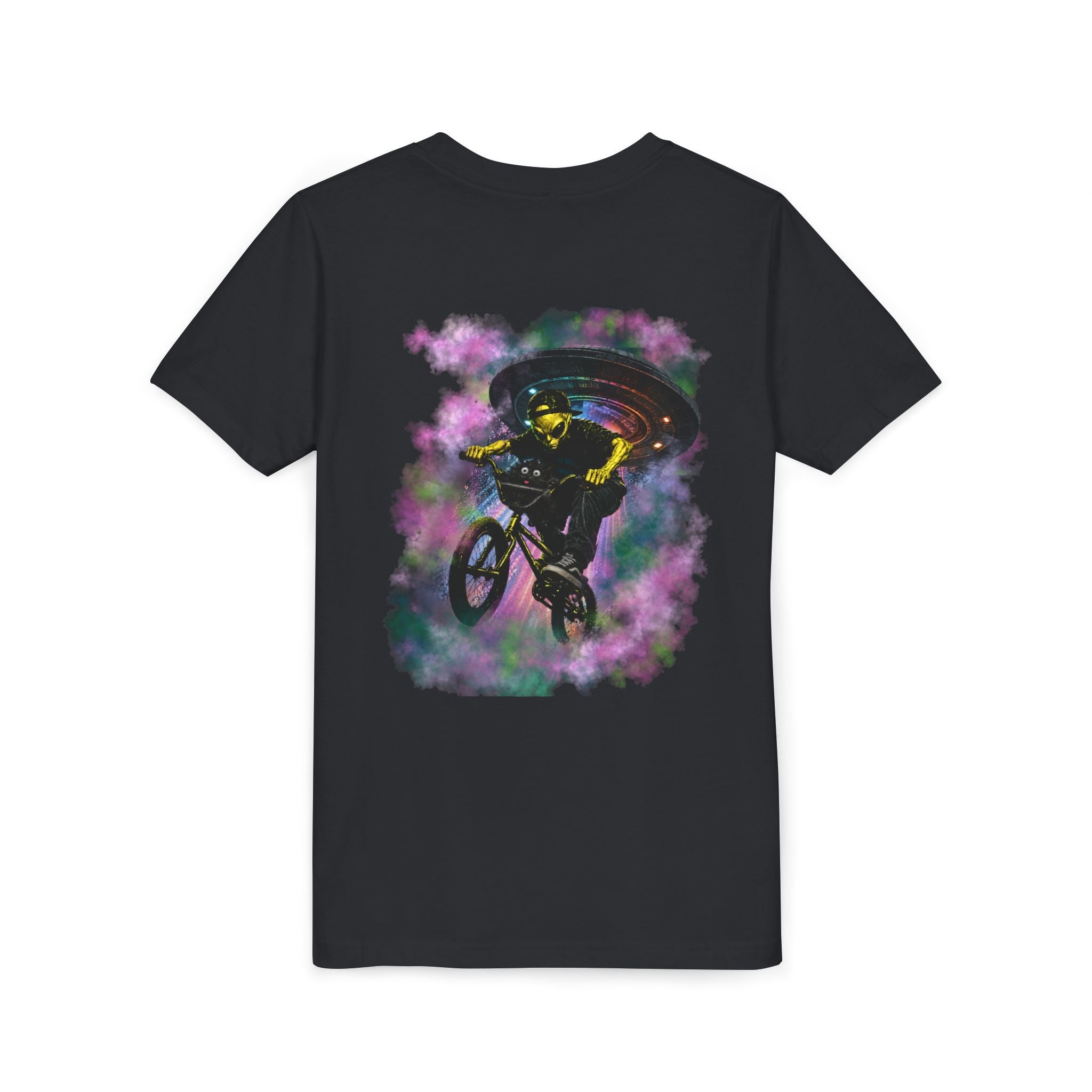 Cosmic Cruise: Jinx & Nova BMX Adventure Tee | Premium Youth Alien & Cat Graphic Shirt | Cool Kids Streetwear T-Shirt | Dual-Graphic Black T-Shirt | Youth BMX Rider Tee — Colorful Cosmic Bike Stunt T-...