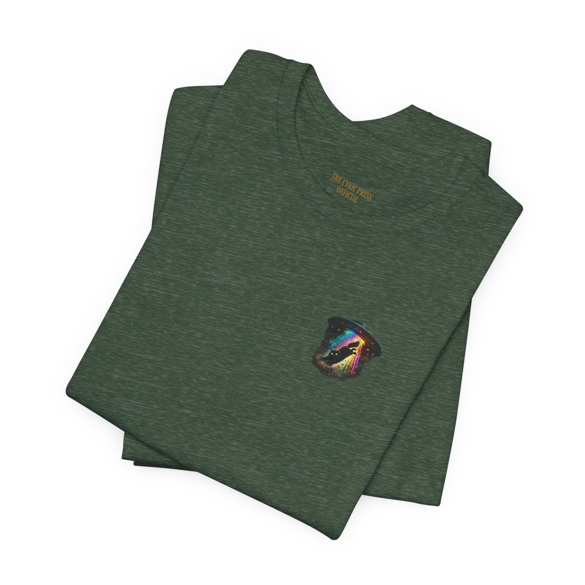 Alien BMX Cat Graphic Tee | Retro UFO Streetwear Shirt | Vintage Black Heather Graphic T-Shirt | Cosmic Skate Punk Unisex Tee | The Cynic Press Official