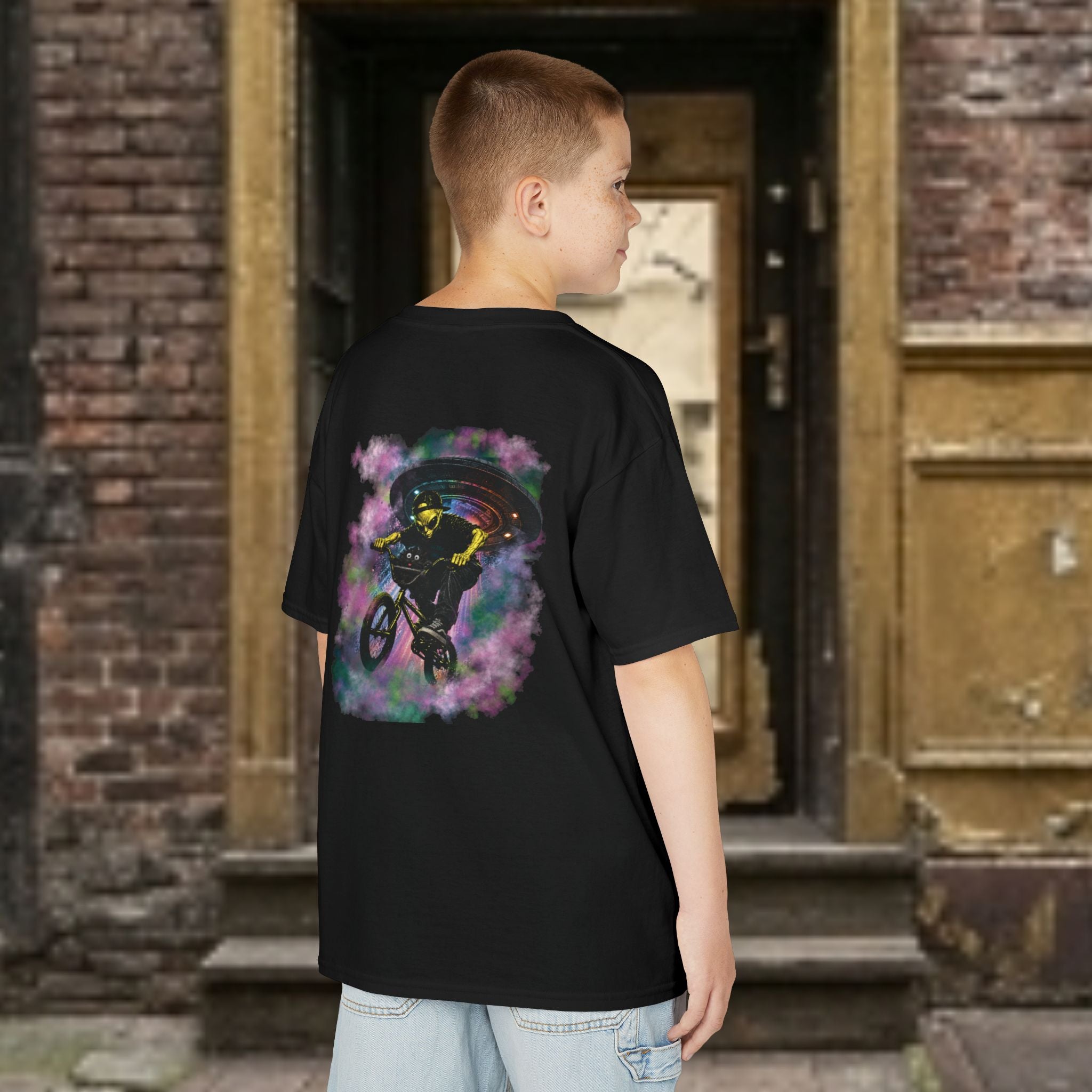 Kids Tee — Cat & Alien Friends Bike Ride with UFO Lights