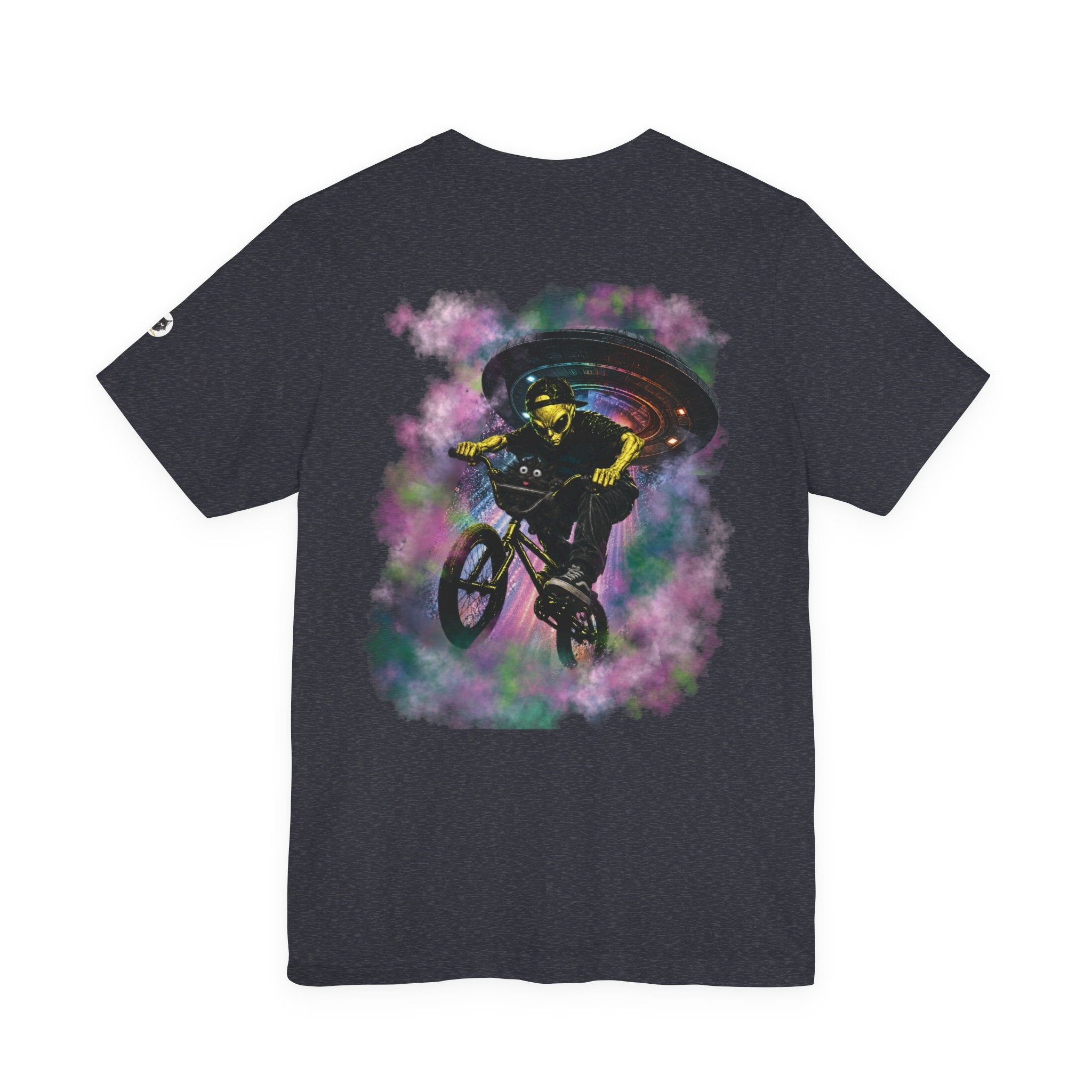 Alien BMX Cat Graphic Tee | Retro UFO Streetwear Shirt | Vintage Black Heather Graphic T-Shirt | Cosmic Skate Punk Unisex Tee | The Cynic Press Official