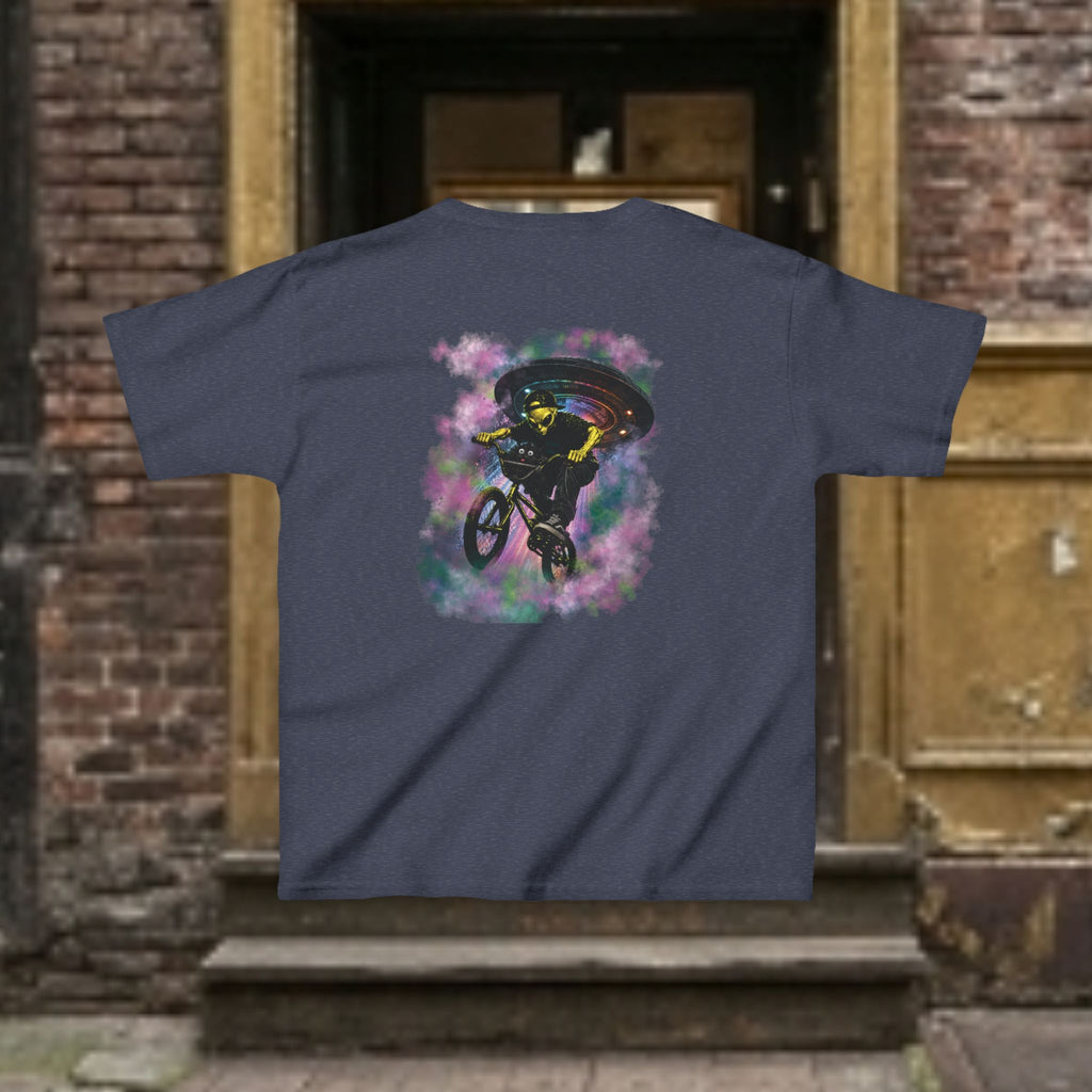 Kids Tee — Cat & Alien Friends Bike Ride with UFO Lights