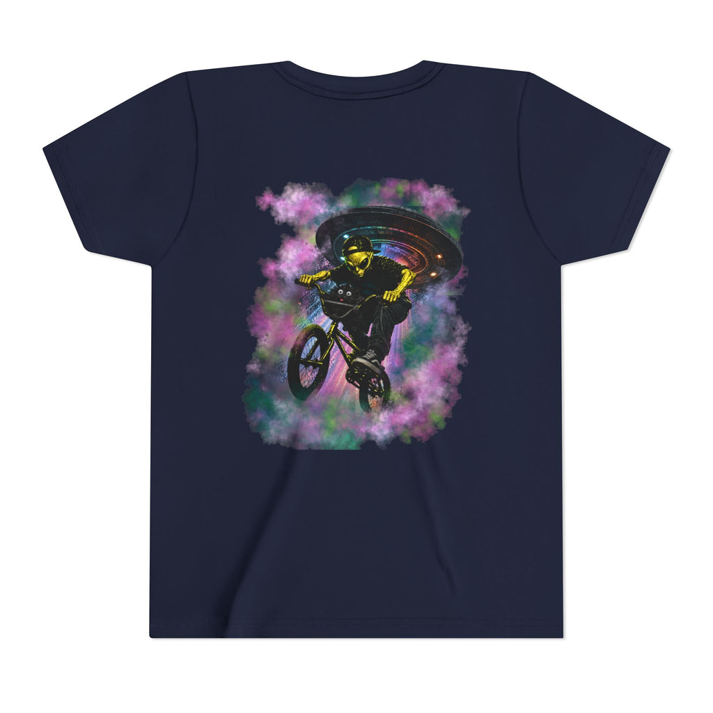Cosmic Cruise: Jinx & Nova BMX Adventure Tee | Premium Youth Alien & Cat Graphic Shirt | Cool Kids Streetwear T-Shirt | Dual-Graphic Black T-Shirt | Youth BMX Rider Tee — Colorful Cosmic Bike Stunt T-...
