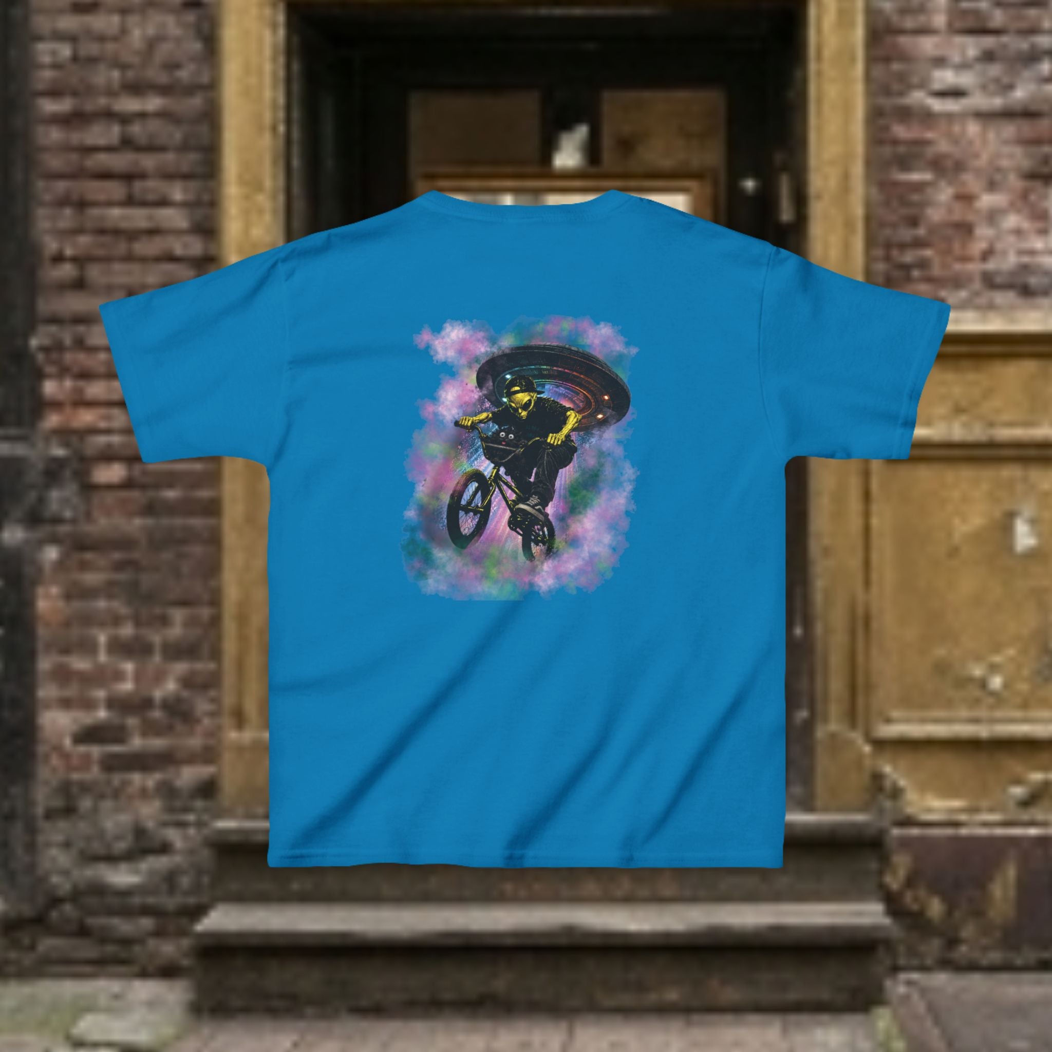 Kids Tee — Cat & Alien Friends Bike Ride with UFO Lights