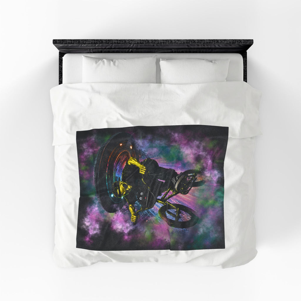 BMX Galaxy Velveteen Plush Blanket – Cosmic Extreme Sports Throw Blanket for Kids, Teens & BMX Riders