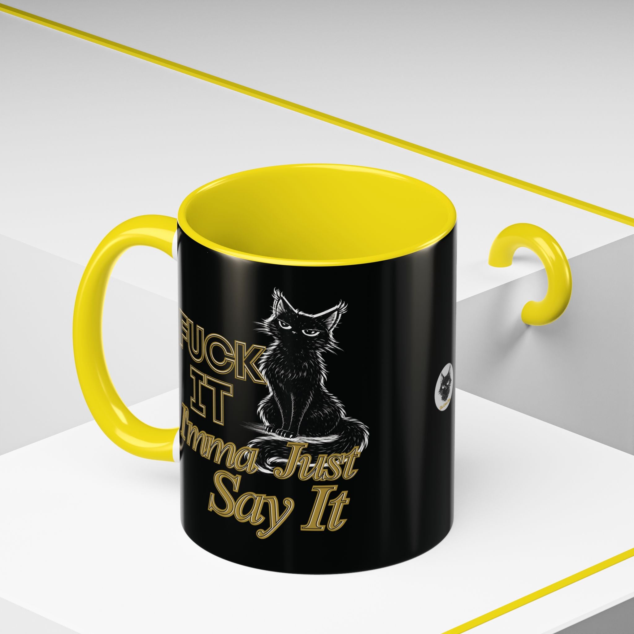 Funny Sarcastic Cat Accent Coffee Mug - Fuck It Imma Just Say It Black Cat Cup - 11oz 15oz Colored Handle Sassy Gift
