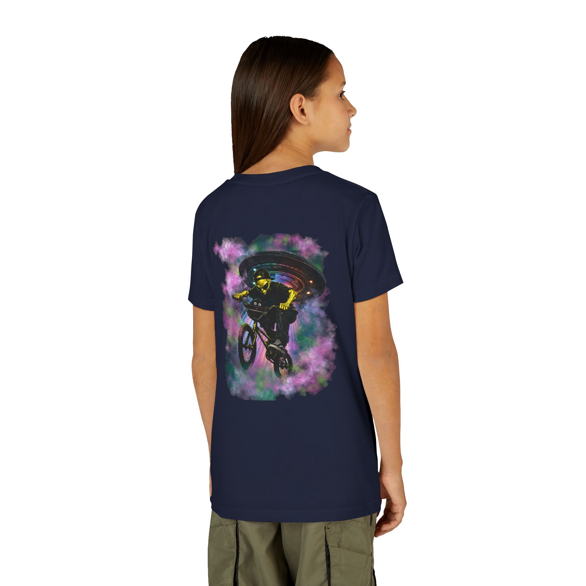Cosmic Cruise: Jinx & Nova BMX Adventure Tee | Premium Youth Alien & Cat Graphic Shirt | Cool Kids Streetwear T-Shirt | Dual-Graphic Black T-Shirt | Youth BMX Rider Tee — Colorful Cosmic Bike Stunt T-...