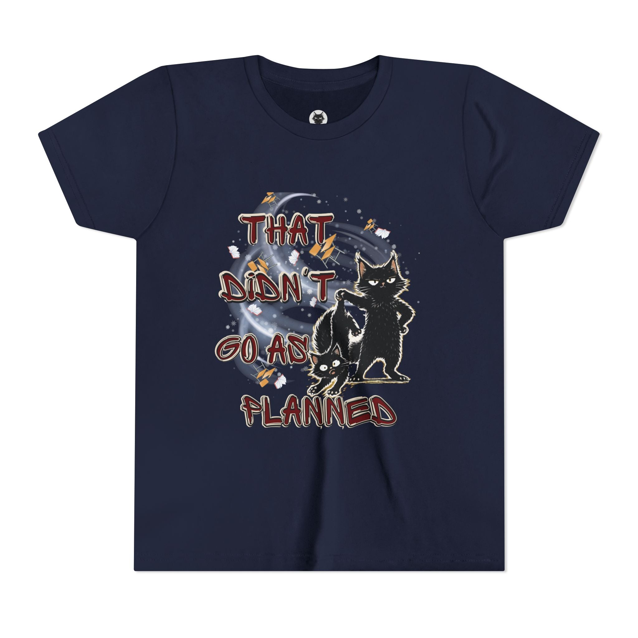 That Didn't Go As Planned Kids Graphic T-Shirt | Funny Black Cat Youth Tee | Cute Chaos Cat Shirt | Back to School Gift for Boys & Girls