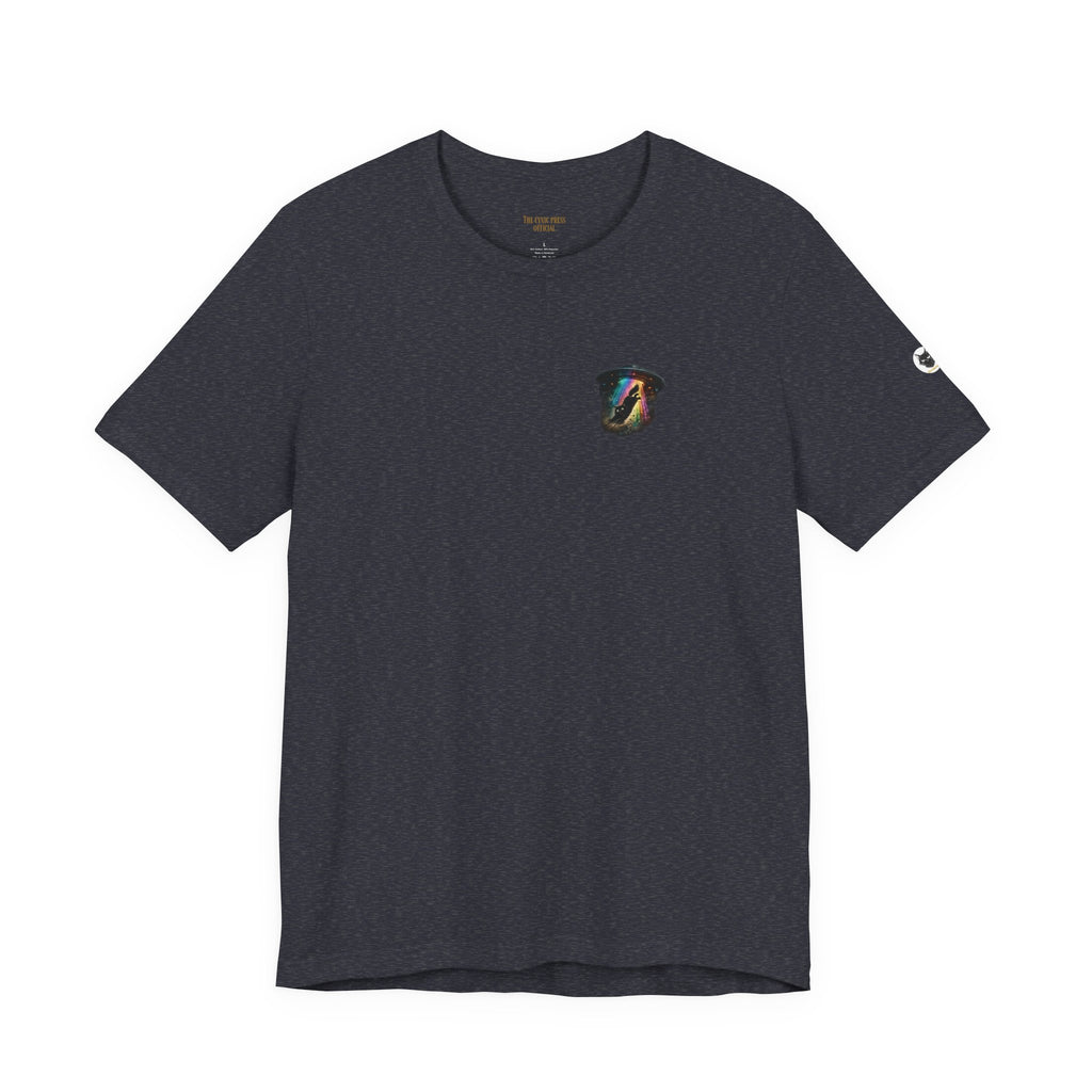 Alien BMX Cat Graphic Tee | Retro UFO Streetwear Shirt | Vintage Black Heather Graphic T-Shirt | Cosmic Skate Punk Unisex Tee | The Cynic Press Official