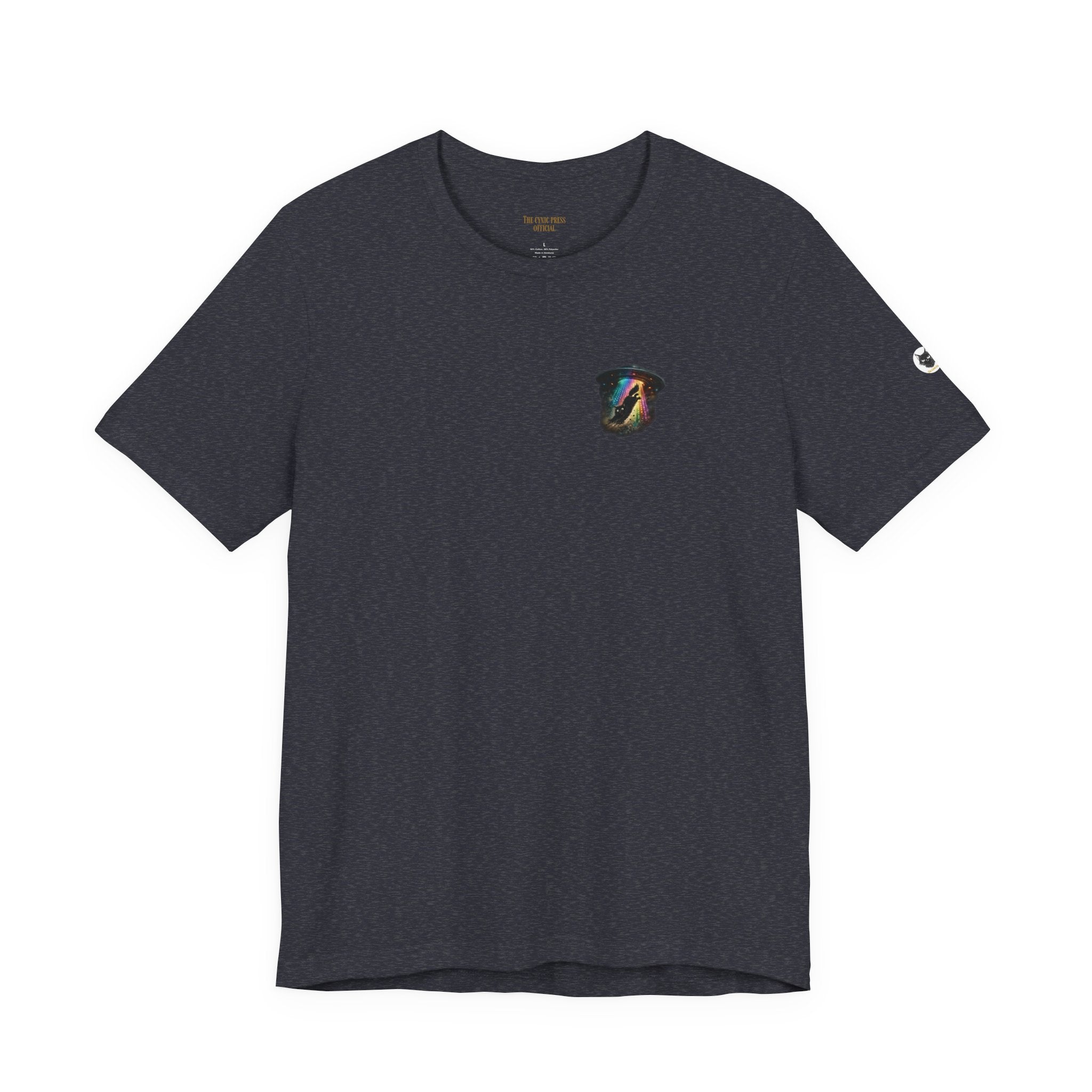 Alien BMX Cat Graphic Tee | Retro UFO Streetwear Shirt | Vintage Black Heather Graphic T-Shirt | Cosmic Skate Punk Unisex Tee | The Cynic Press Official