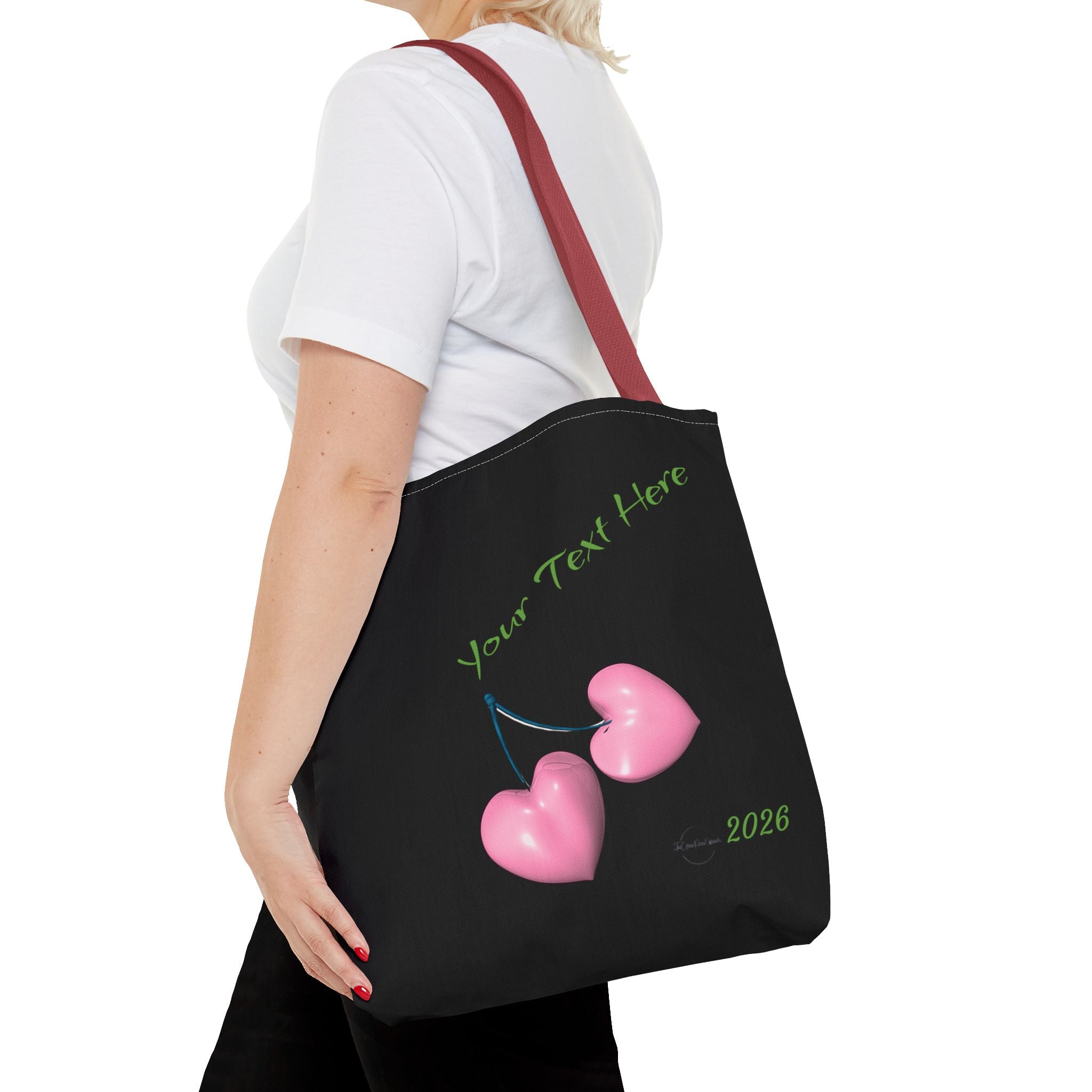 Pink Heart Cherries Tote Bag | Custom Text