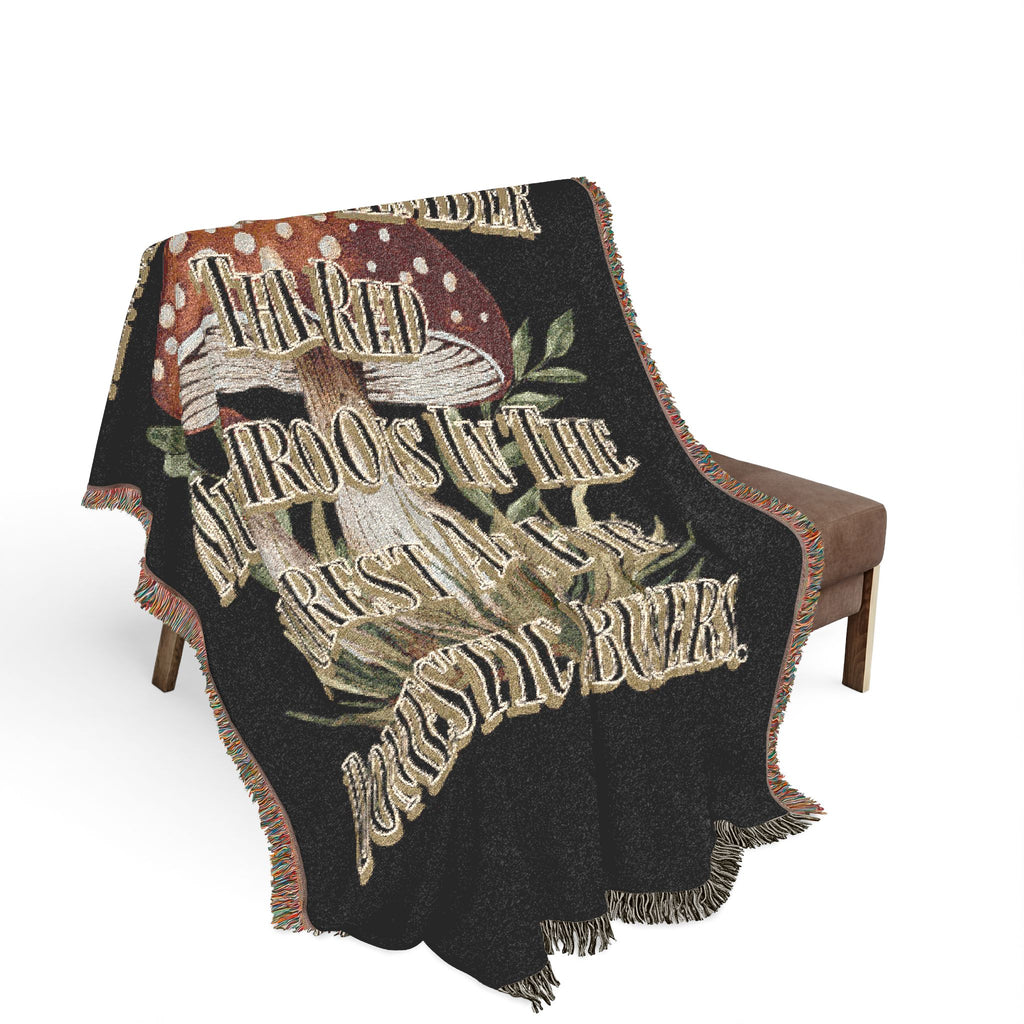 Mushroom Foraging Woven Blanket — Cozy Botanical Toadstool Throw