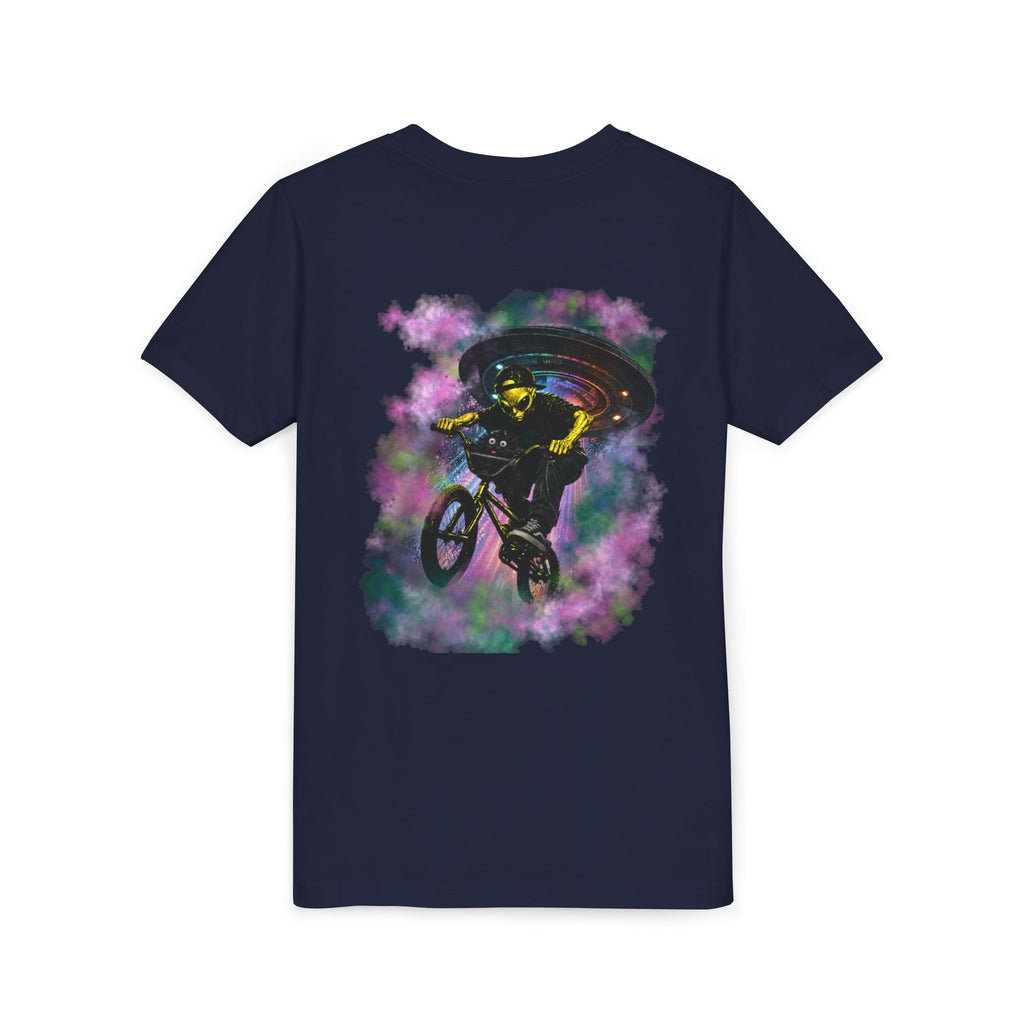 Cosmic Cruise: Jinx & Nova BMX Adventure Tee | Premium Youth Alien & Cat Graphic Shirt | Cool Kids Streetwear T-Shirt | Dual-Graphic Black T-Shirt | Youth BMX Rider Tee — Colorful Cosmic Bike Stunt T-...