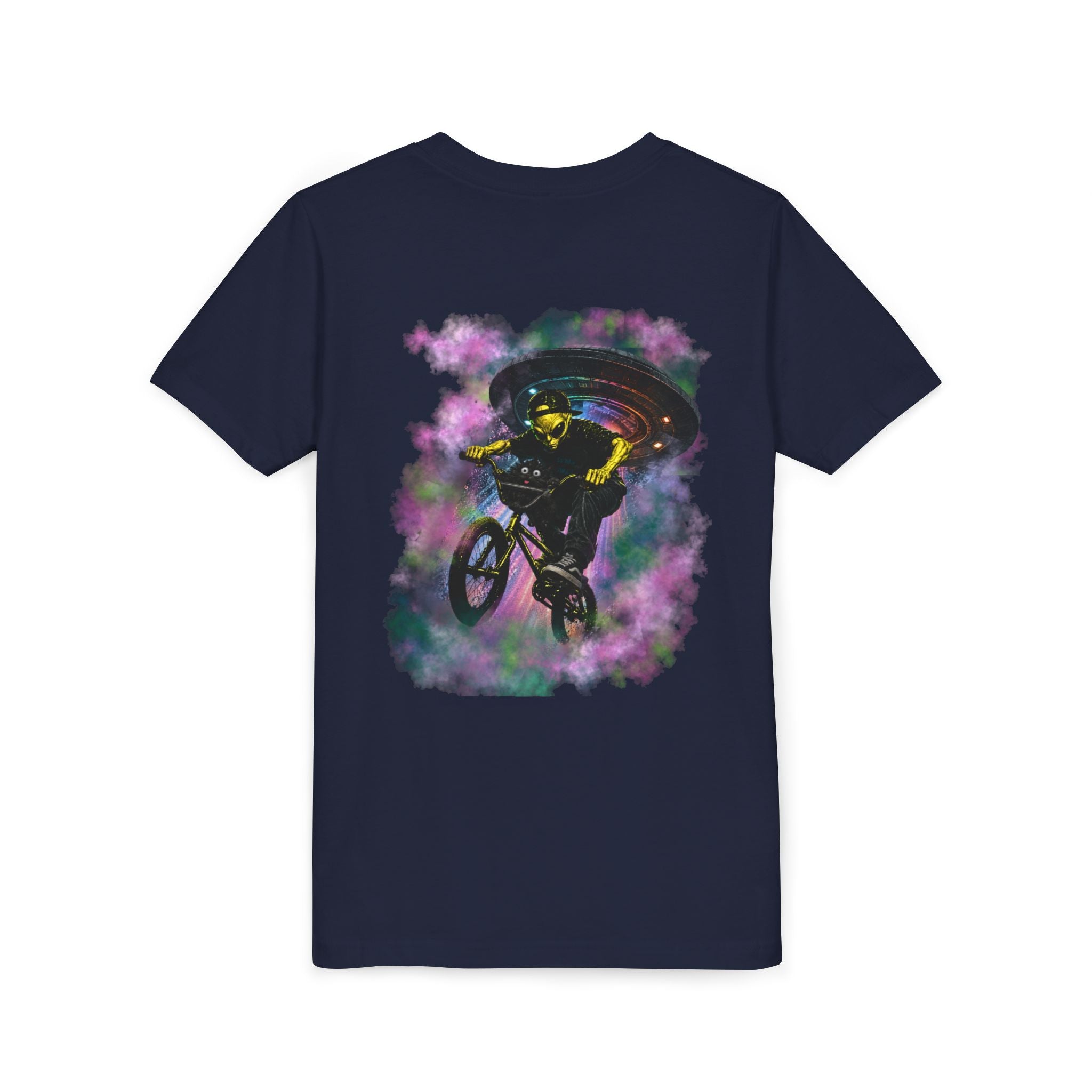 Cosmic Cruise: Jinx & Nova BMX Adventure Tee | Premium Youth Alien & Cat Graphic Shirt | Cool Kids Streetwear T-Shirt | Dual-Graphic Black T-Shirt | Youth BMX Rider Tee — Colorful Cosmic Bike Stunt T-...