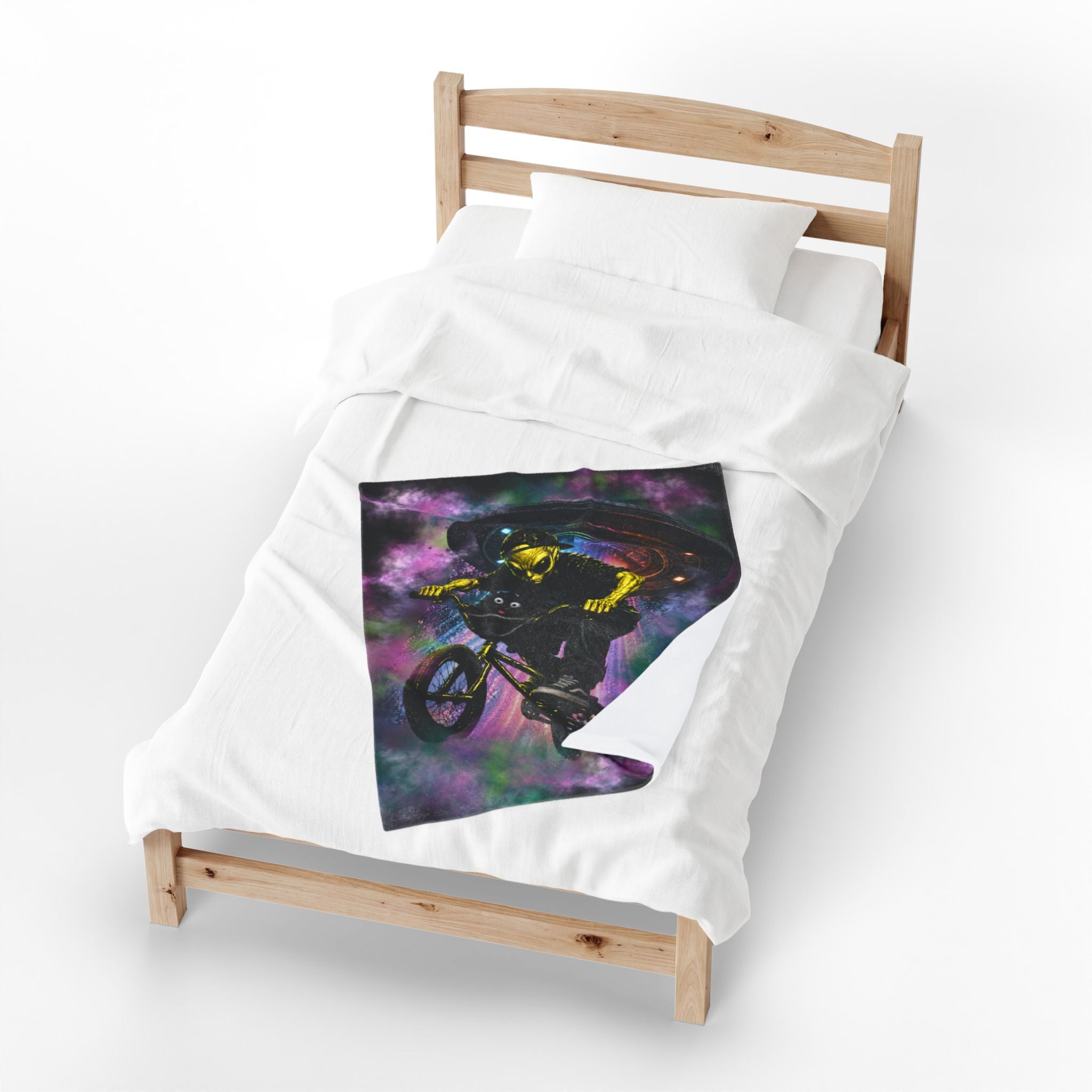 BMX Galaxy Velveteen Plush Blanket – Cosmic Extreme Sports Throw Blanket for Kids, Teens & BMX Riders