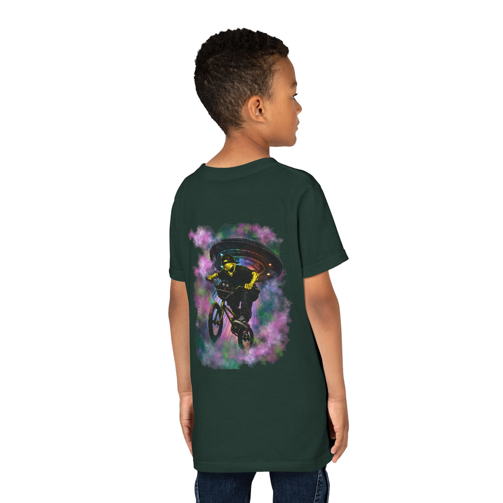 Cosmic Cruise: Jinx & Nova BMX Adventure Tee | Premium Youth Alien & Cat Graphic Shirt | Cool Kids Streetwear T-Shirt | Dual-Graphic Black T-Shirt | Youth BMX Rider Tee — Colorful Cosmic Bike Stunt T-...
