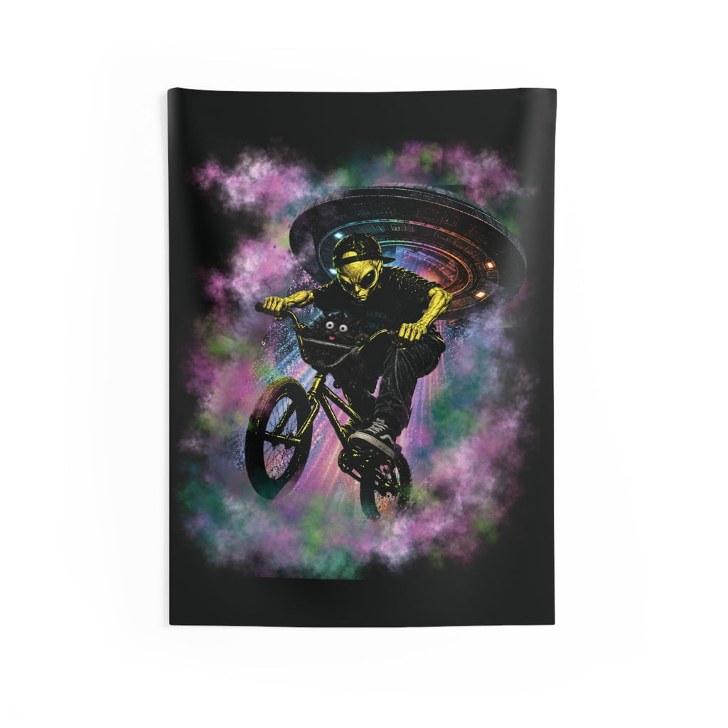 Space Cat & Alien Tapestry | UFO Adventure Wall Hanging | Cat & Friend Collection Decor BMX Alien Invasion Tapestry — Neon Skull Rider Wall Art