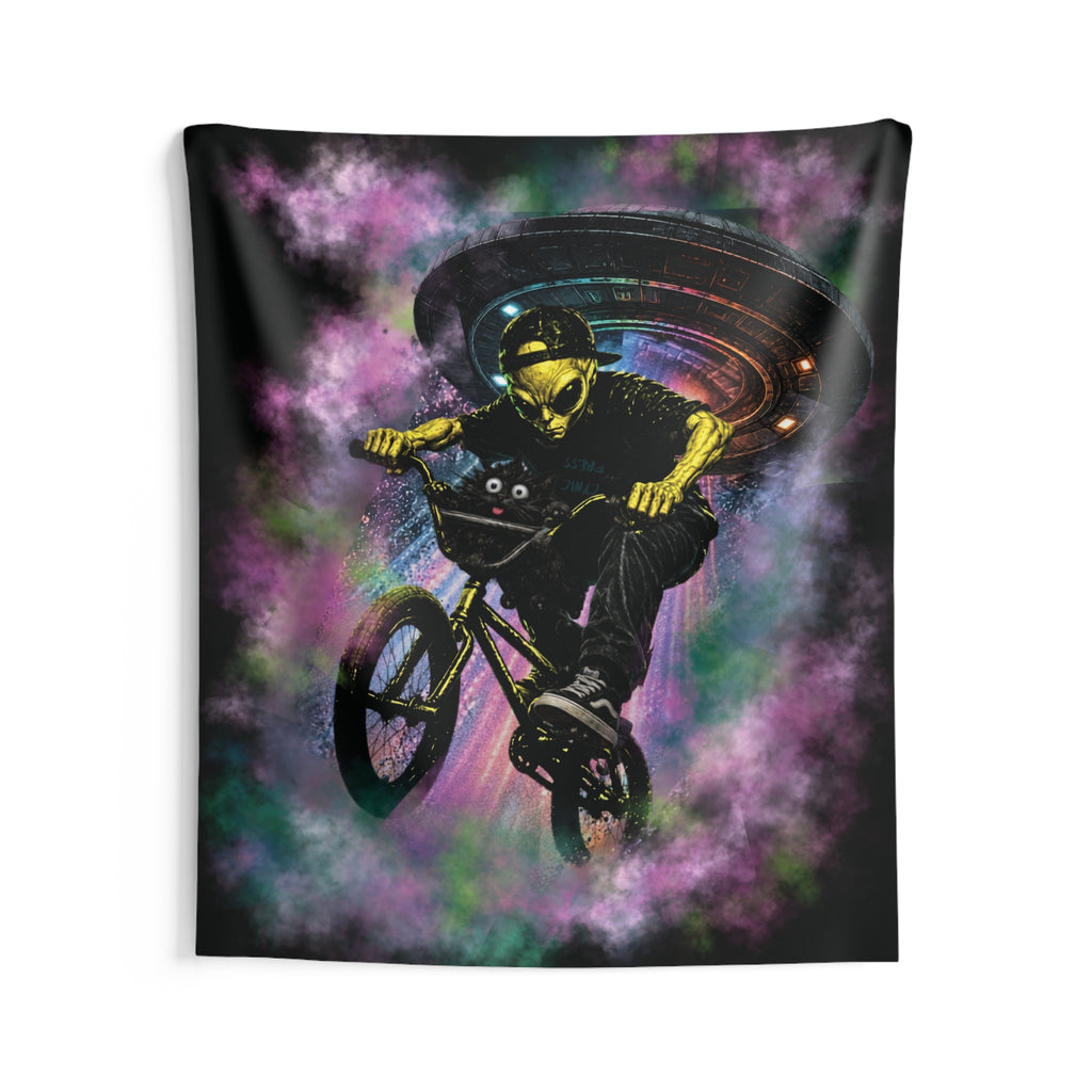 Space Cat & Alien Tapestry | UFO Adventure Wall Hanging | Cat & Friend Collection Decor BMX Alien Invasion Tapestry — Neon Skull Rider Wall Art