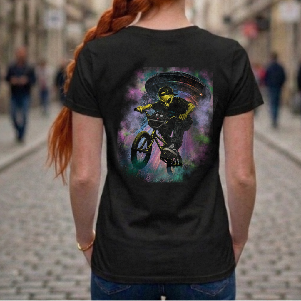 Alien BMX Cat Graphic Tee | Retro UFO Streetwear Shirt | Vintage Black Heather Graphic T-Shirt | Cosmic Skate Punk Unisex Tee | The Cynic Press Official