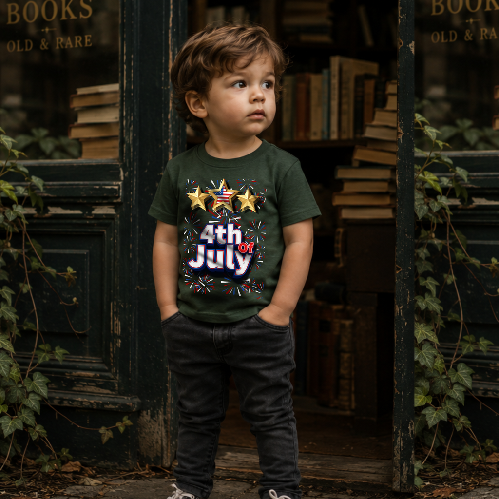 Kids 4th of July Shirt | Patriotic Fireworks & Stars Graphic Tee for Toddlers and Youth