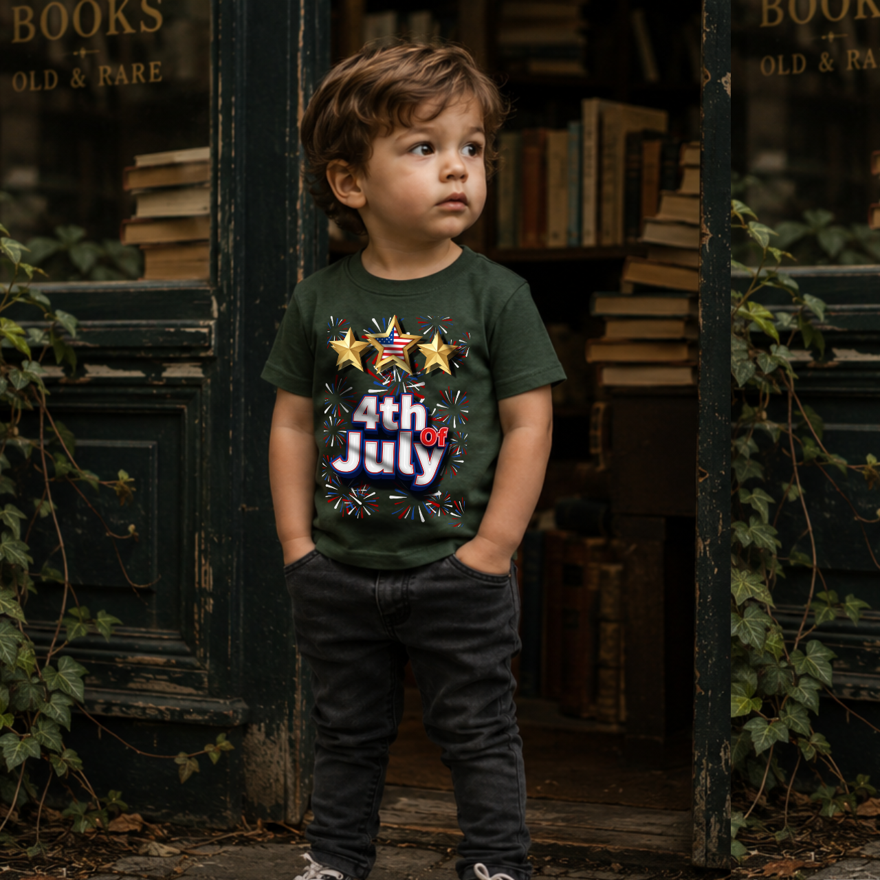 Kids 4th of July Shirt | Patriotic Fireworks & Stars Graphic Tee for Toddlers and Youth