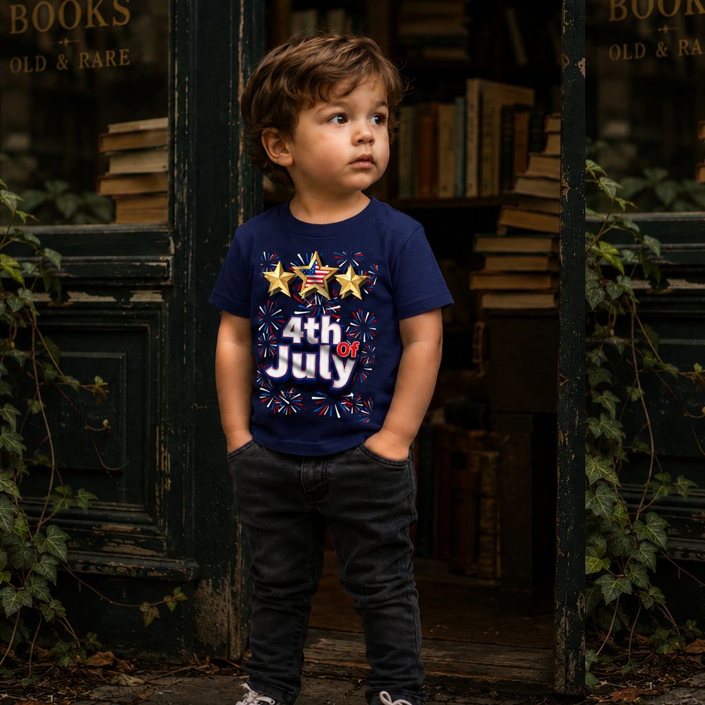 Kids 4th of July Shirt | Patriotic Fireworks & Stars Graphic Tee for Toddlers and Youth