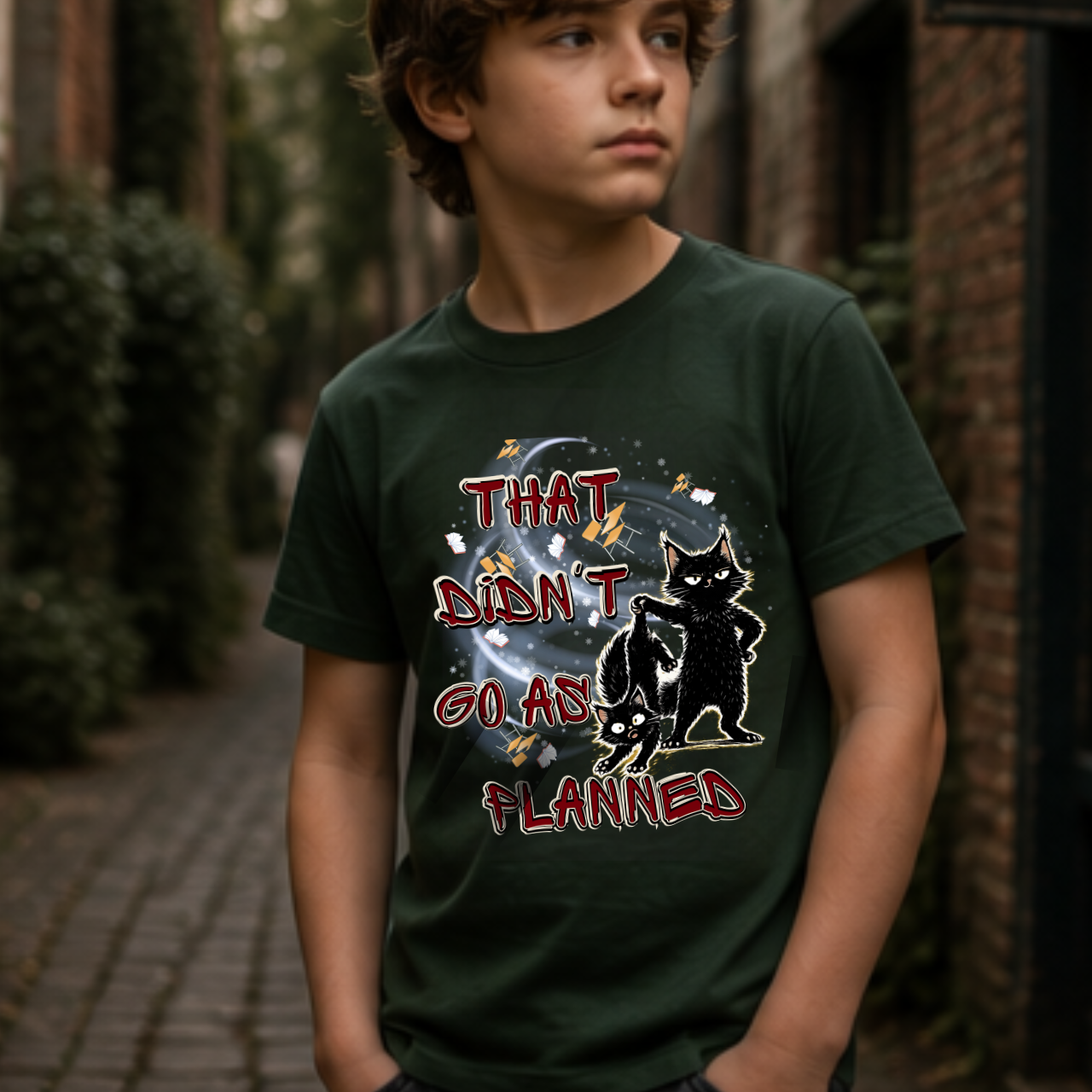That Didn't Go As Planned Kids Graphic T-Shirt | Funny Black Cat Youth Tee | Cute Chaos Cat Shirt | Back to School Gift for Boys & Girls