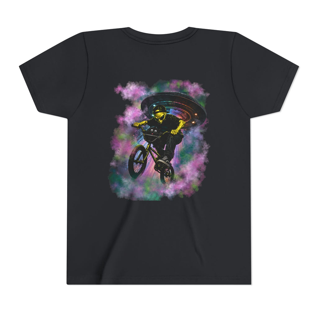 Cosmic Cruise: Jinx & Nova BMX Adventure Tee | Premium Youth Alien & Cat Graphic Shirt | Cool Kids Streetwear T-Shirt | Dual-Graphic Black T-Shirt | Youth BMX Rider Tee — Colorful Cosmic Bike Stunt T-...