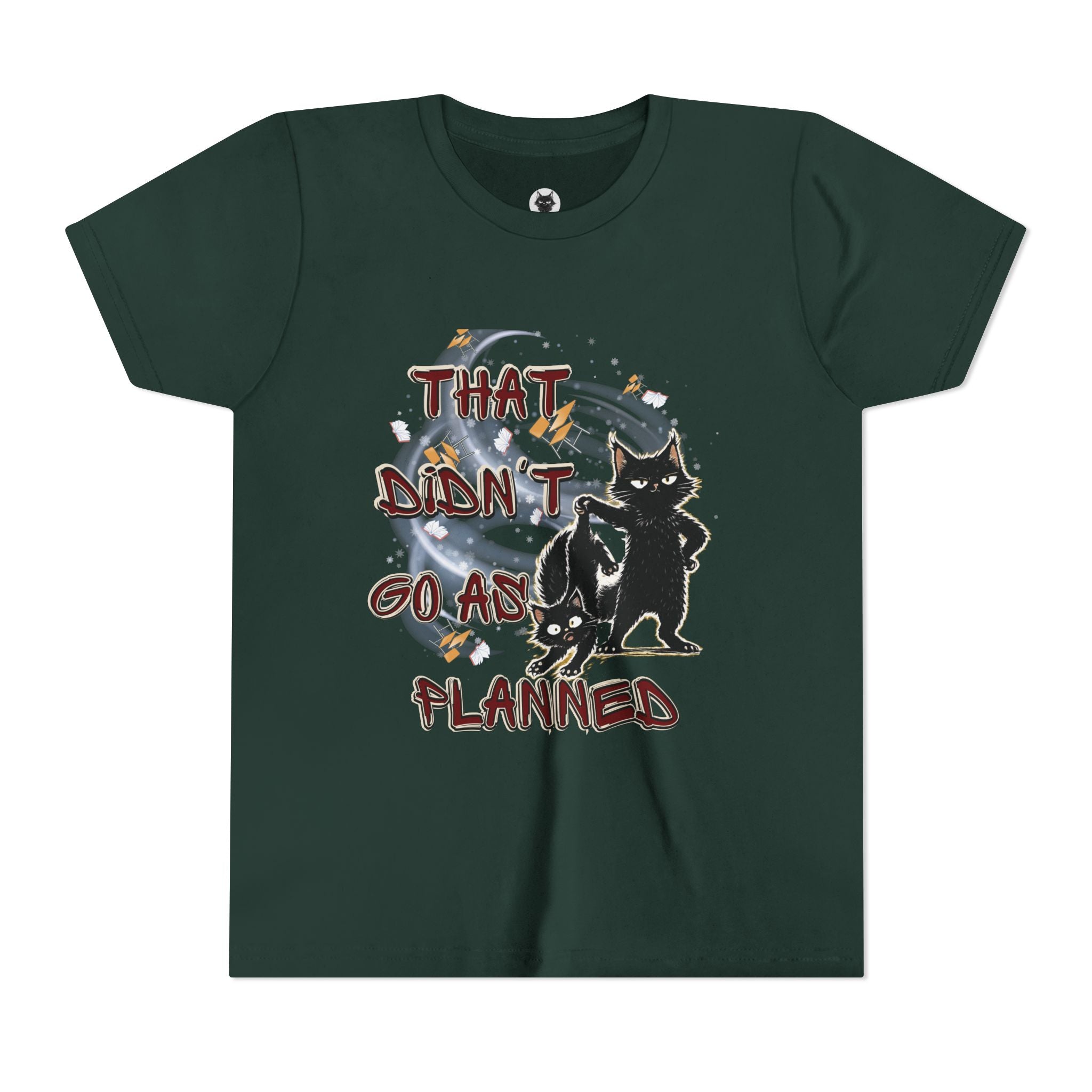 That Didn't Go As Planned Kids Graphic T-Shirt | Funny Black Cat Youth Tee | Cute Chaos Cat Shirt | Back to School Gift for Boys & Girls