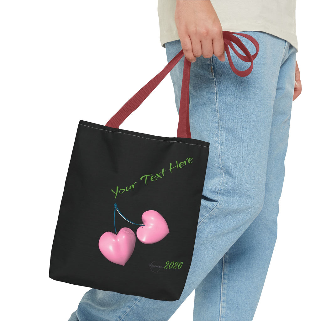 Pink Heart Cherries Tote Bag | Custom Text