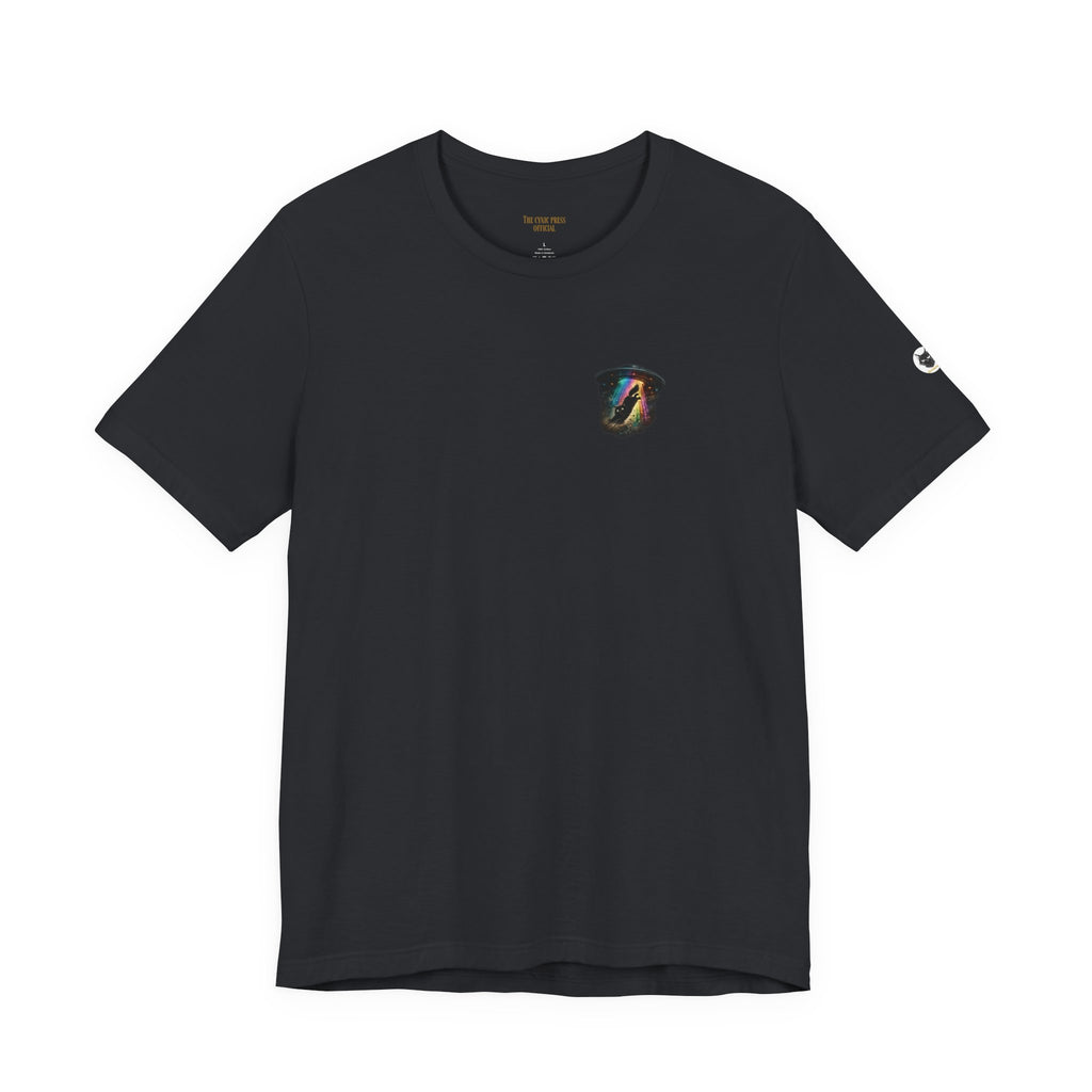 Alien BMX Cat Graphic Tee | Retro UFO Streetwear Shirt | Vintage Black Heather Graphic T-Shirt | Cosmic Skate Punk Unisex Tee | The Cynic Press Official