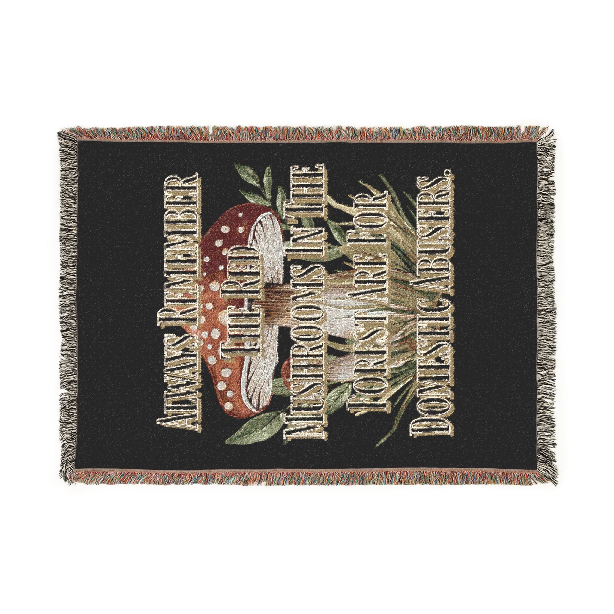 Mushroom Foraging Woven Blanket — Cozy Botanical Toadstool Throw