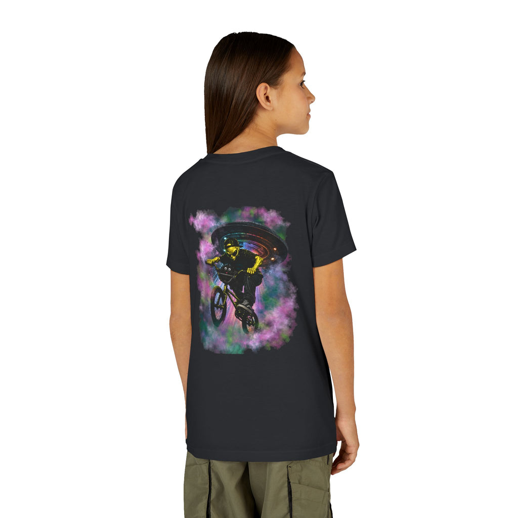 Cosmic Cruise: Jinx & Nova BMX Adventure Tee | Premium Youth Alien & Cat Graphic Shirt | Cool Kids Streetwear T-Shirt | Dual-Graphic Black T-Shirt | Youth BMX Rider Tee — Colorful Cosmic Bike Stunt T-...