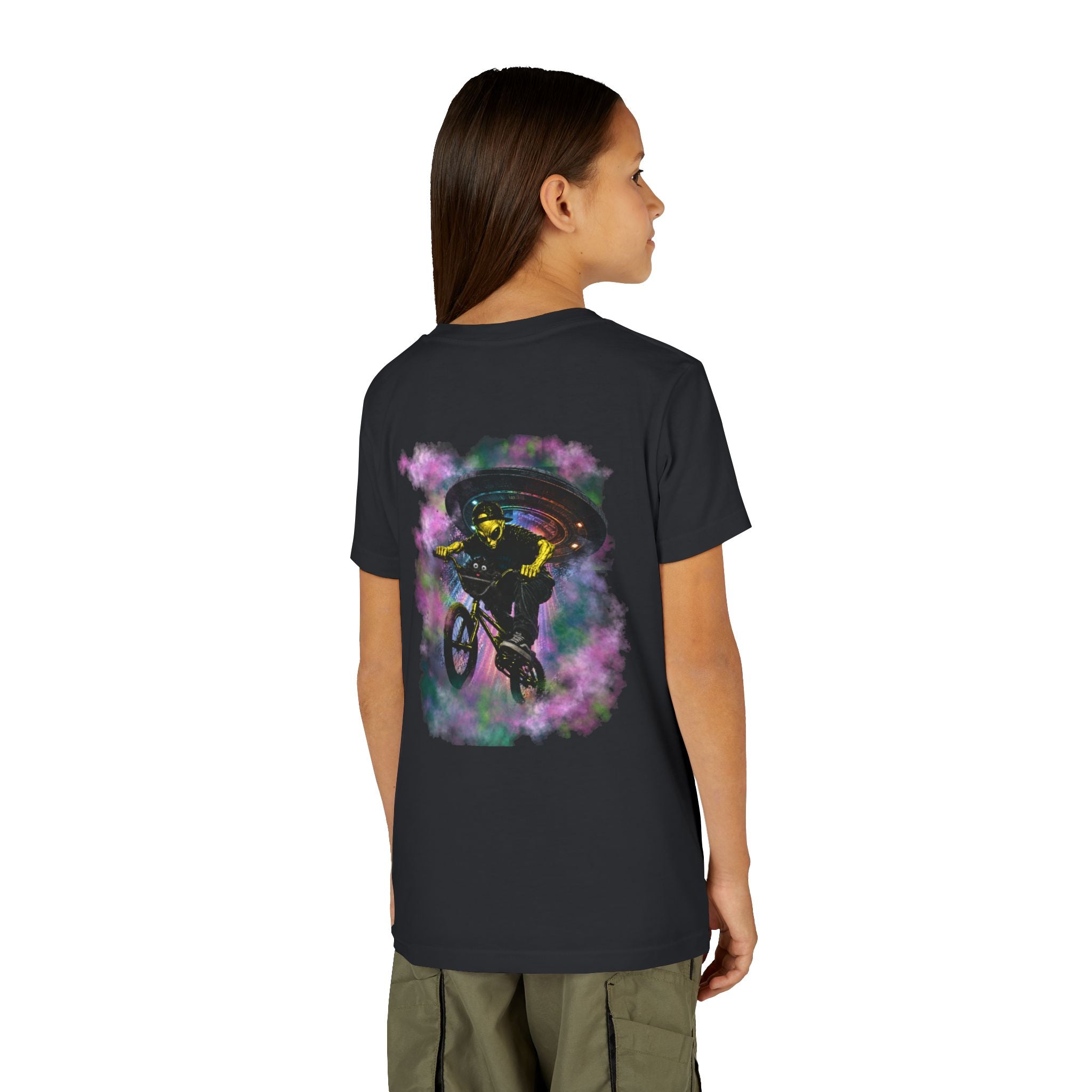 Cosmic Cruise: Jinx & Nova BMX Adventure Tee | Premium Youth Alien & Cat Graphic Shirt | Cool Kids Streetwear T-Shirt | Dual-Graphic Black T-Shirt | Youth BMX Rider Tee — Colorful Cosmic Bike Stunt T-...