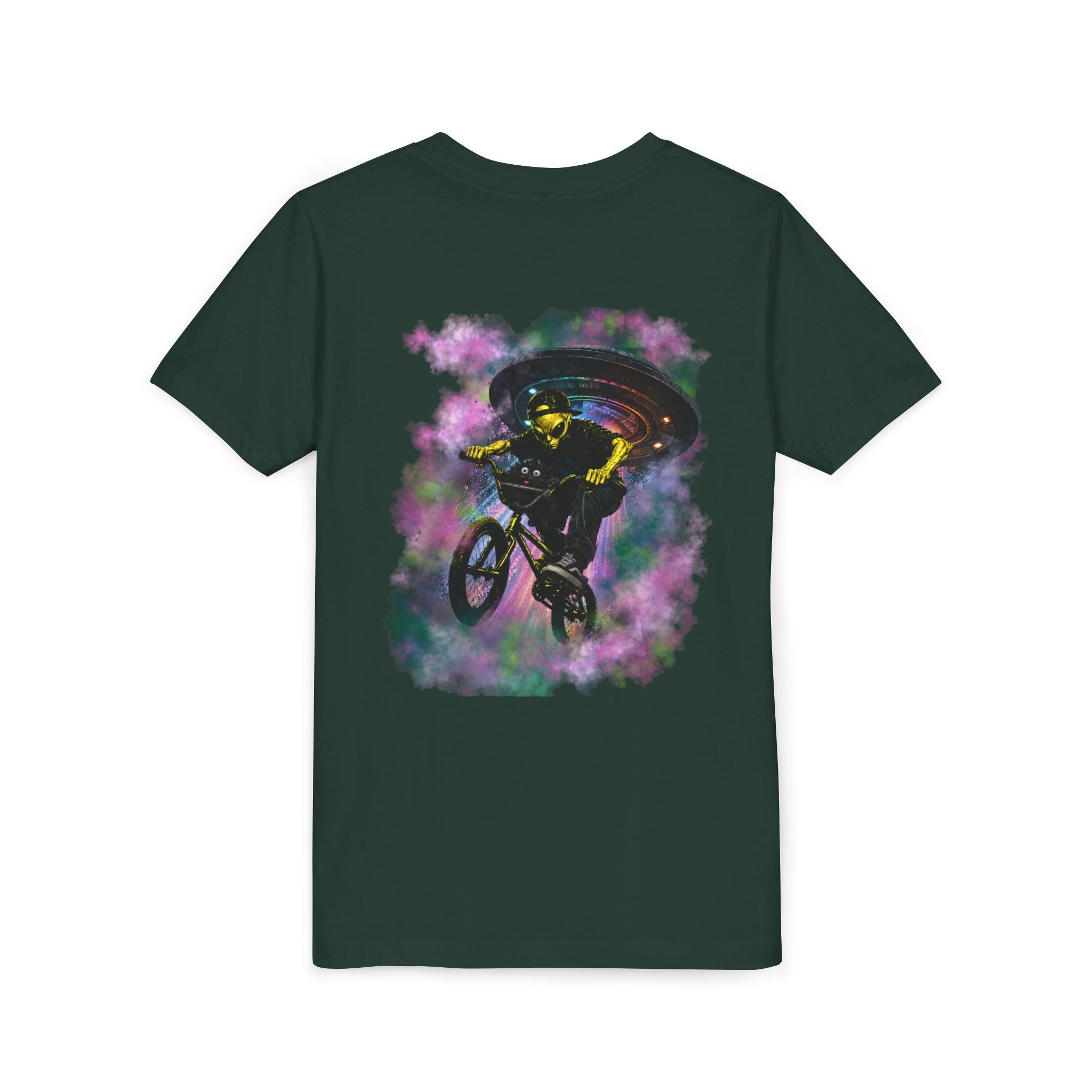 Cosmic Cruise: Jinx & Nova BMX Adventure Tee | Premium Youth Alien & Cat Graphic Shirt | Cool Kids Streetwear T-Shirt | Dual-Graphic Black T-Shirt | Youth BMX Rider Tee — Colorful Cosmic Bike Stunt T-...
