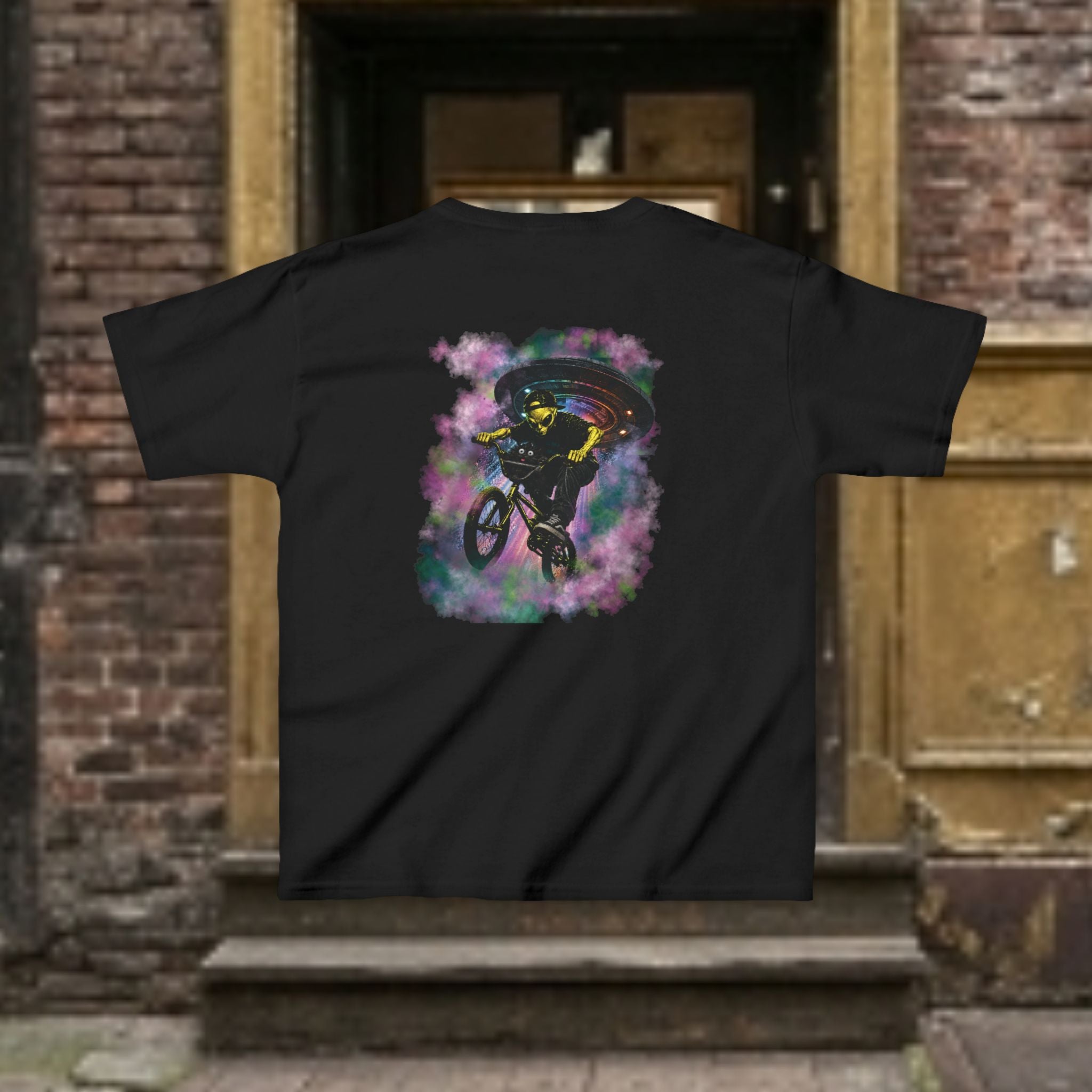 Kids Tee — Cat & Alien Friends Bike Ride with UFO Lights
