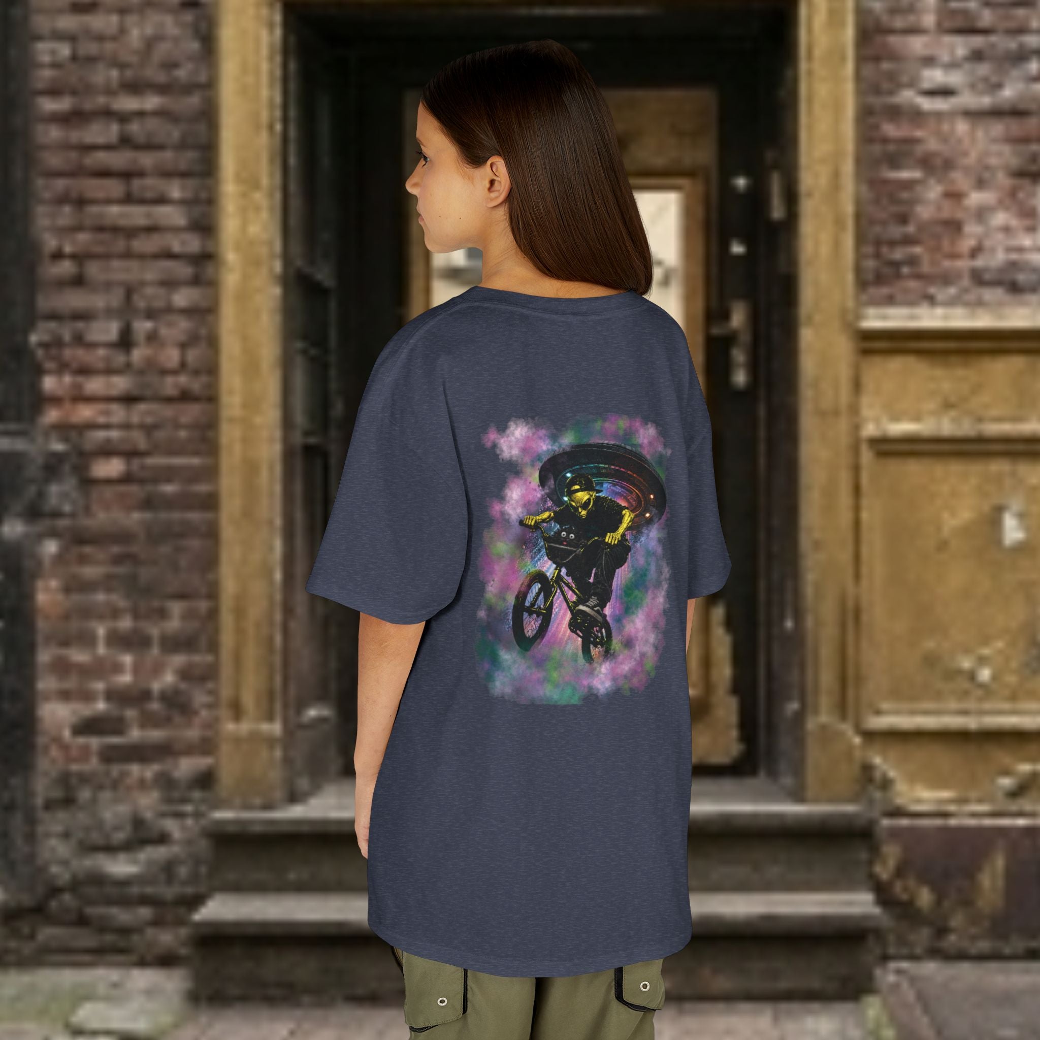 Kids Tee — Cat & Alien Friends Bike Ride with UFO Lights
