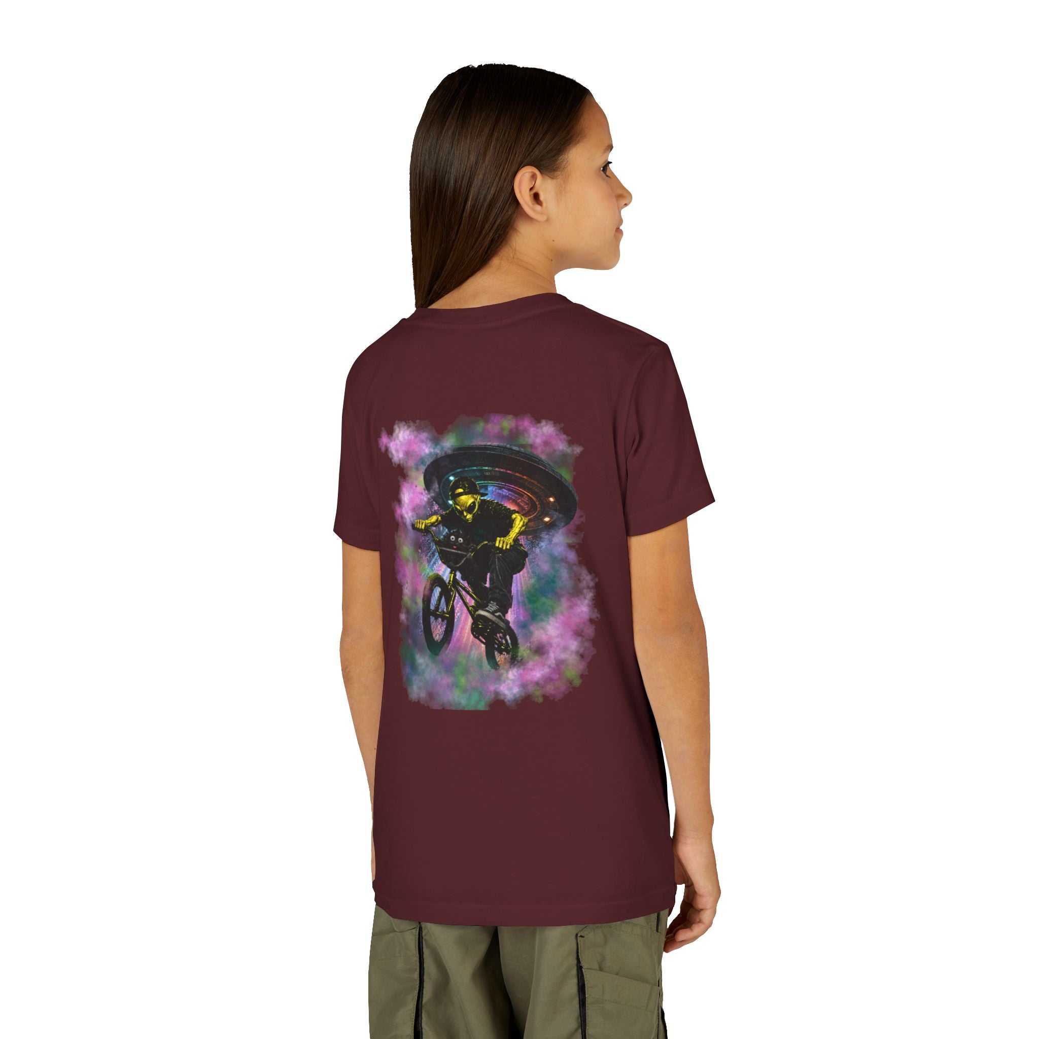 Cosmic Cruise: Jinx & Nova BMX Adventure Tee | Premium Youth Alien & Cat Graphic Shirt | Cool Kids Streetwear T-Shirt | Dual-Graphic Black T-Shirt | Youth BMX Rider Tee — Colorful Cosmic Bike Stunt T-...